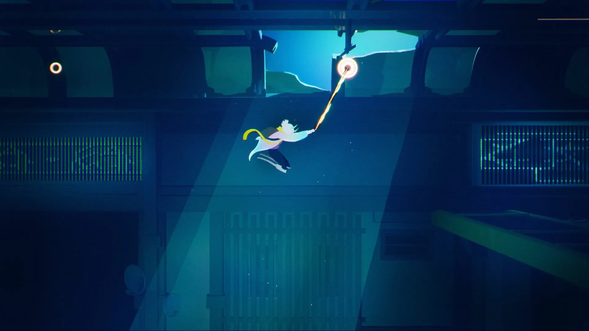 Possessor(s): Character swings with glowing rope in dark, futuristic flooded interior environment