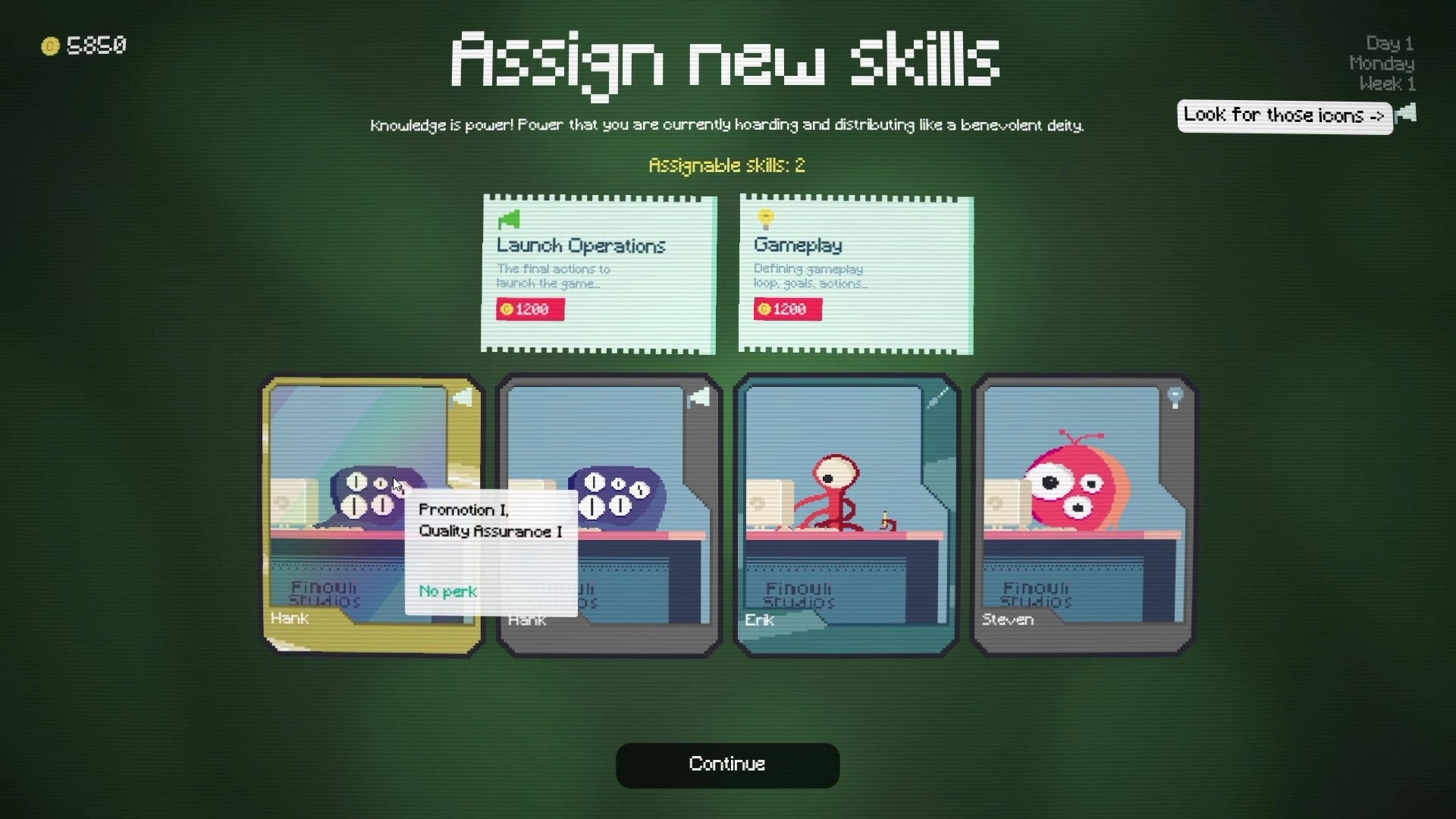 Postponed: Assign new skills menu with Launch Operations and Gameplay cards over employee portraits in studio UI.