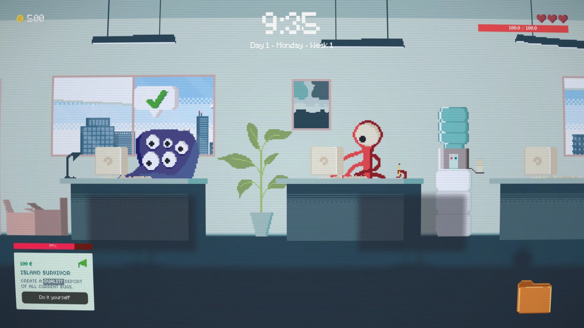 Postponed: Office desk scene with two workers at computers and task card UI in a bright studio office.