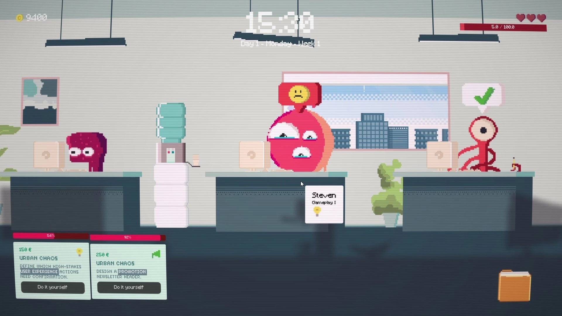 Postponed: Studio office view with quirky staff at desks, tasks panel and health hearts UI visible.