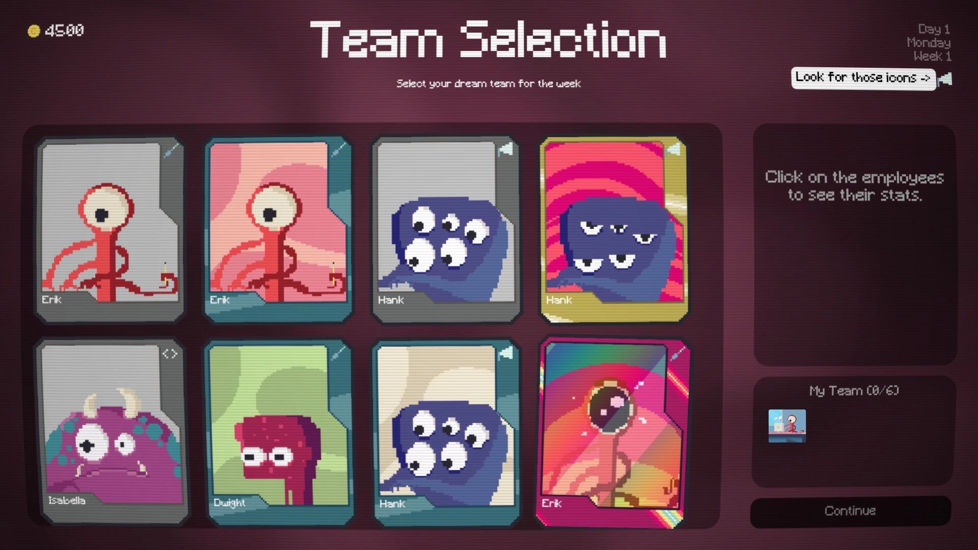 Postponed: Team selection menu with employee cards for Erik, Hank, Isabella, and Dwight UI screen.