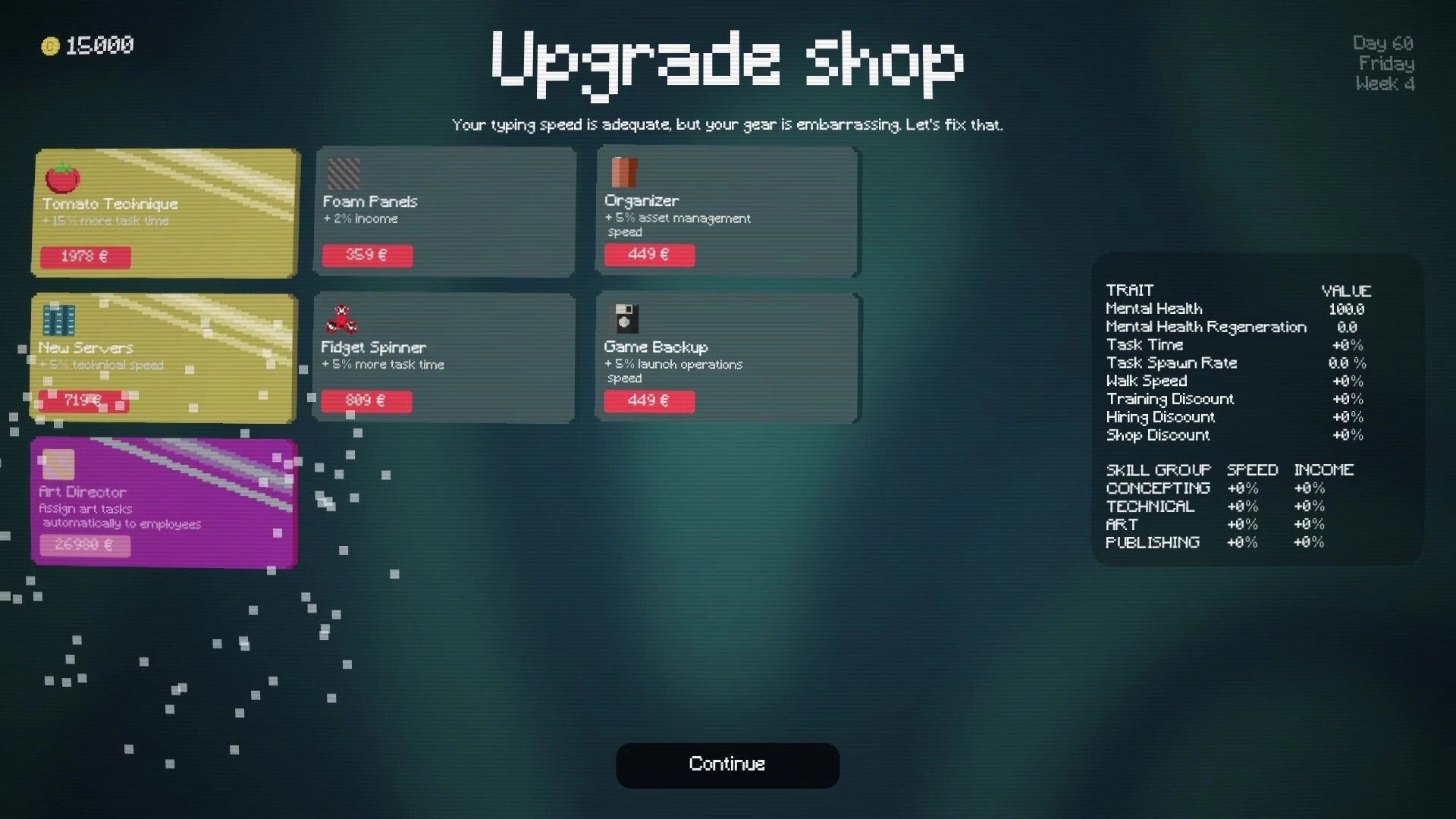 Postponed: Upgrade shop menu with purchasable items and trait stats panel on a dark UI screen.