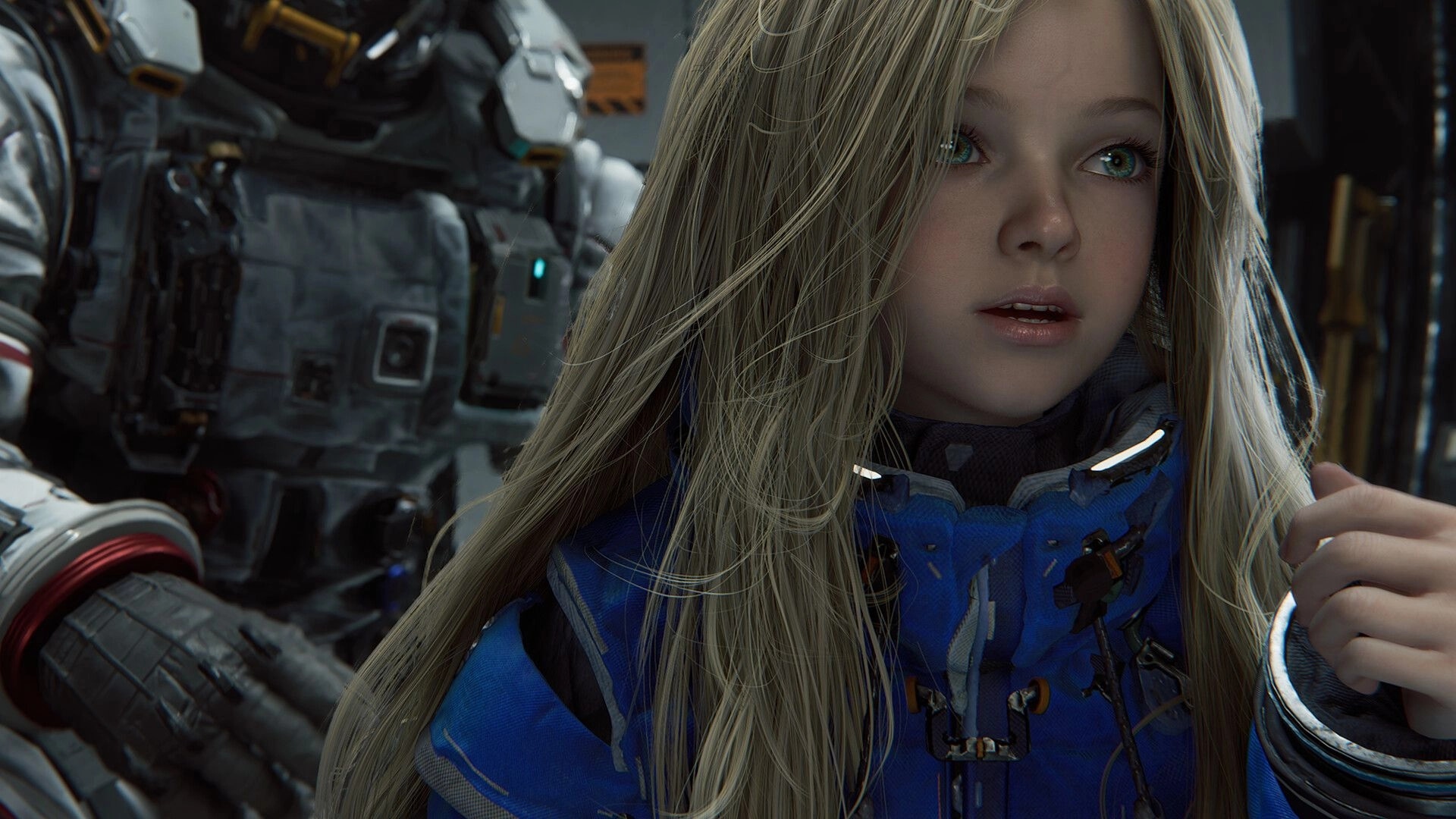 PRAGMATA: Diana in blue suit with Hugh in background inside lunar research station