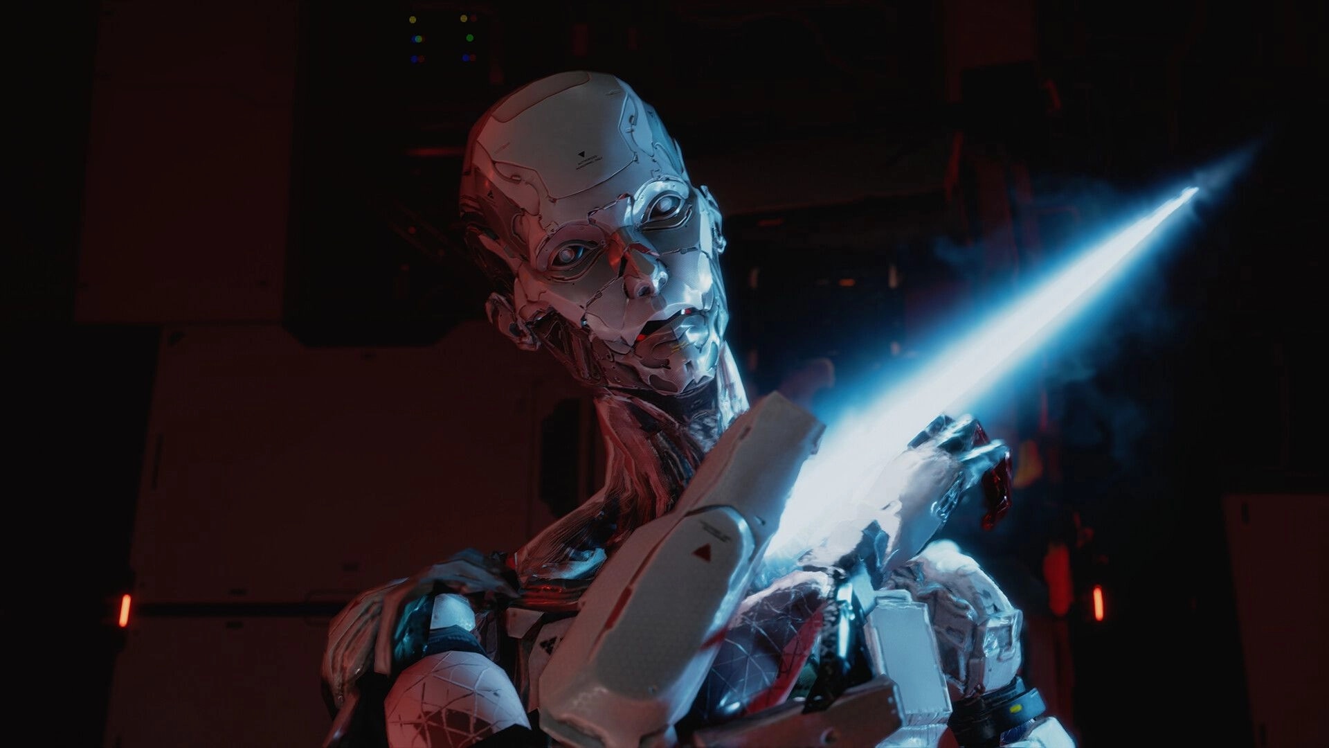 PRAGMATA: Android character holding glowing weapon in dark lunar research station environment