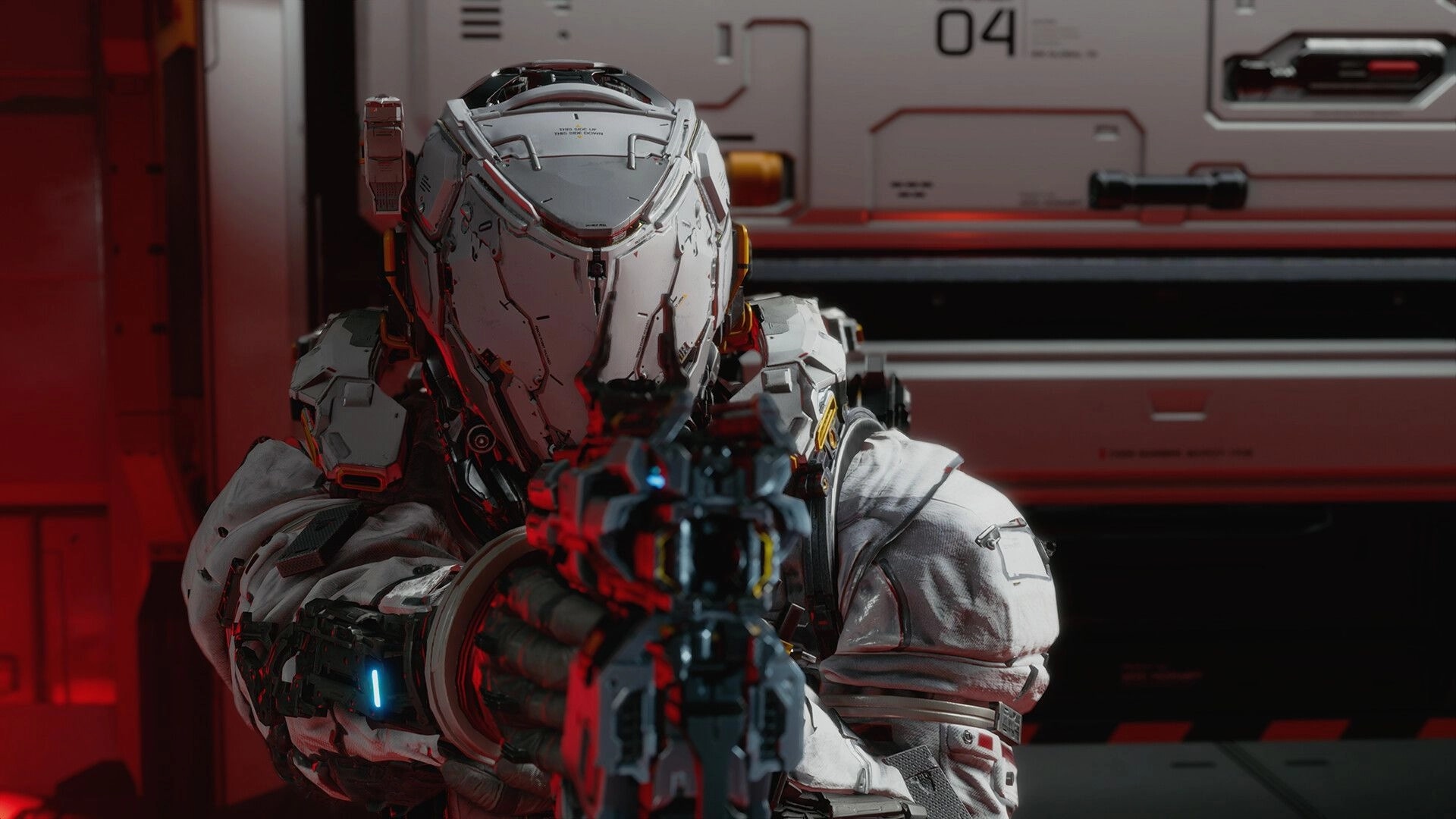 PRAGMATA: Armored character aiming futuristic weapon inside a dimly lit lunar research station hallway.