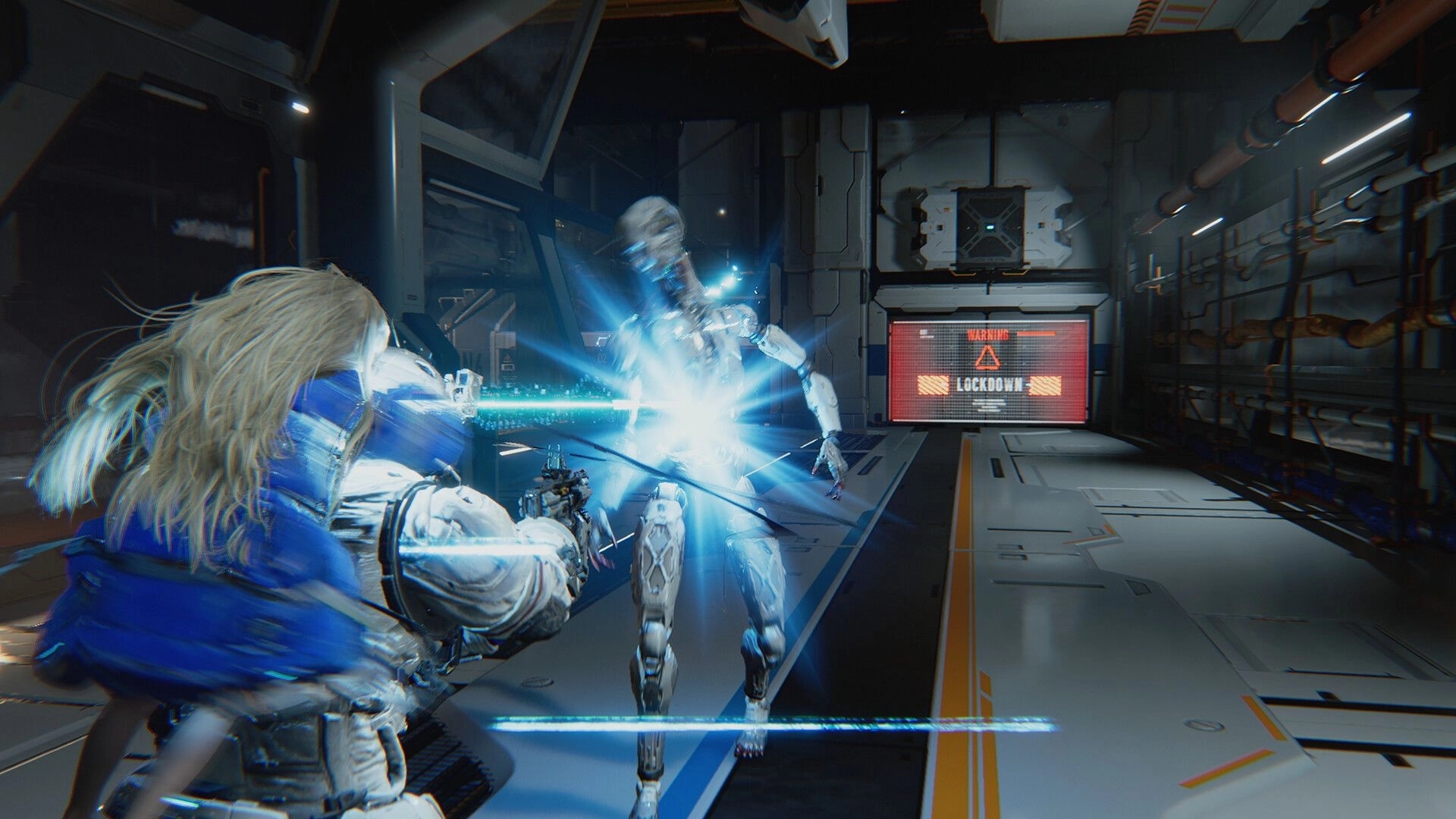 PRAGMATA: Hugh battling android with glowing energy in futuristic lunar station hallway during lockdown