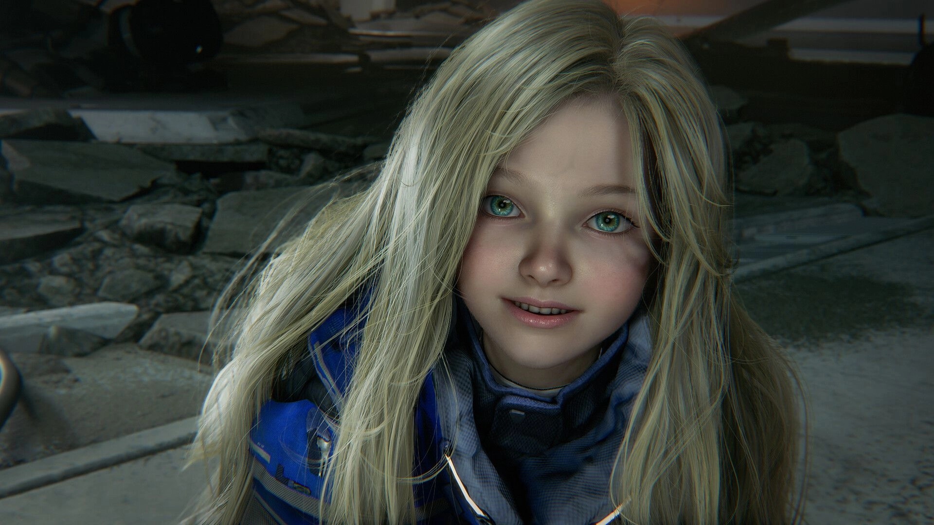 PRAGMATA: Diana smiles warmly amidst the rubble of a desolate lunar research station environment.