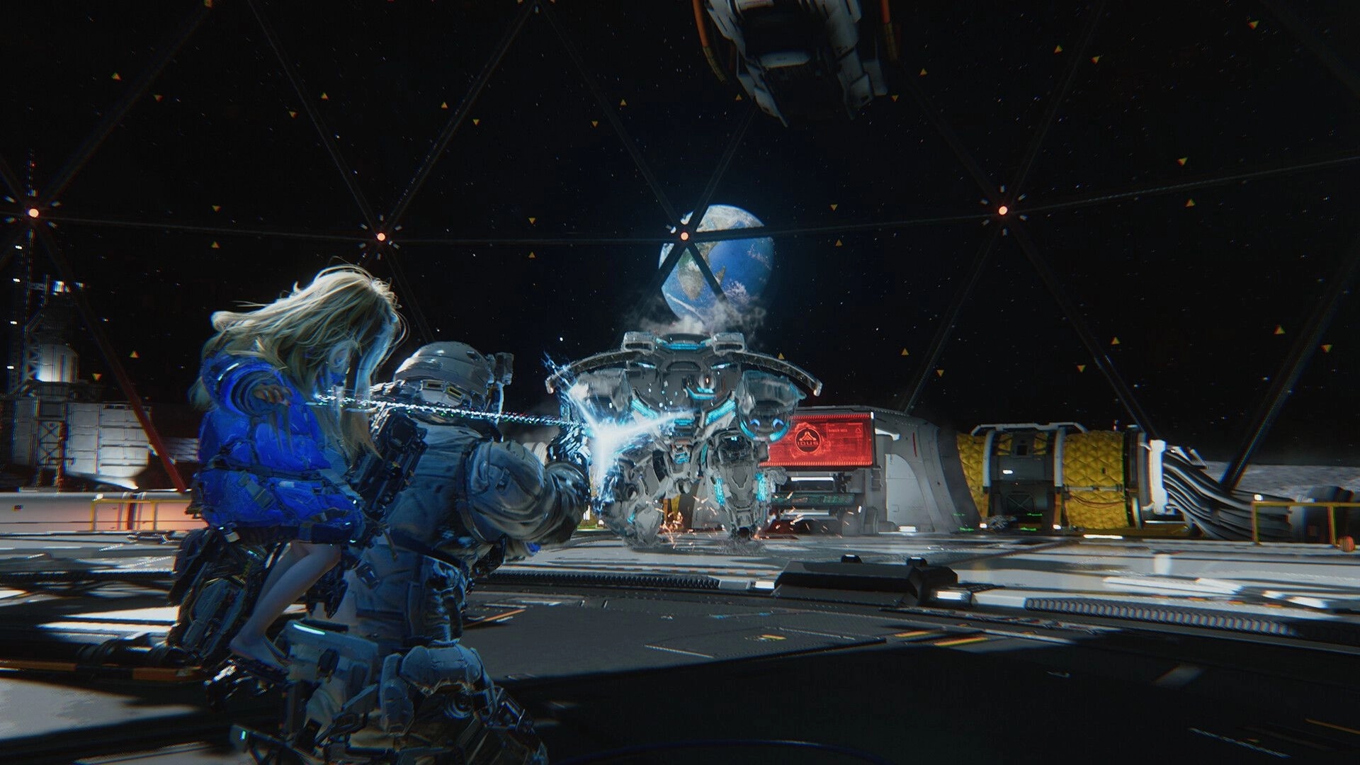 PRAGMATA: Hugh and Diana face a robotic enemy in a lunar station with Earth visible in the background.