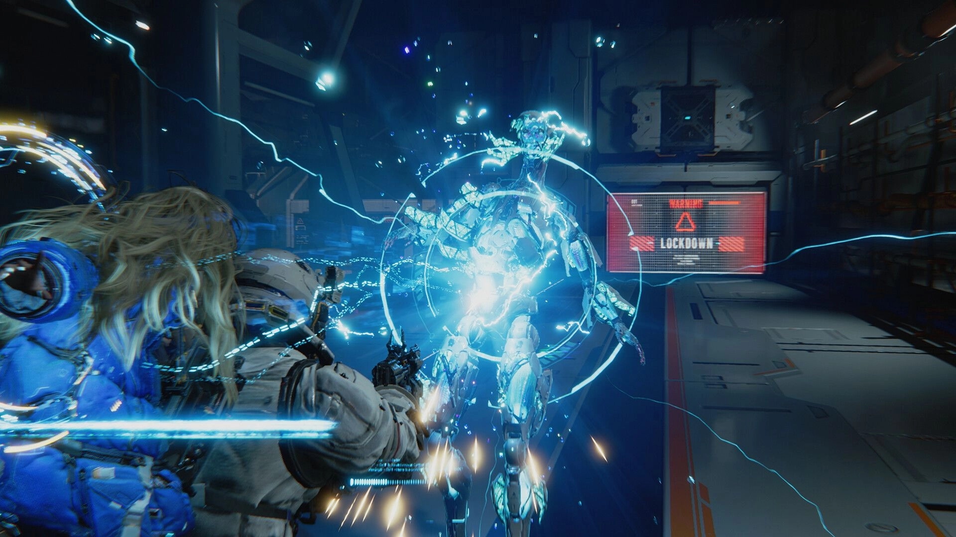 PRAGMATA: Hugh engaging in combat with a glowing android, surrounded by electric arcs in a lunar station.
