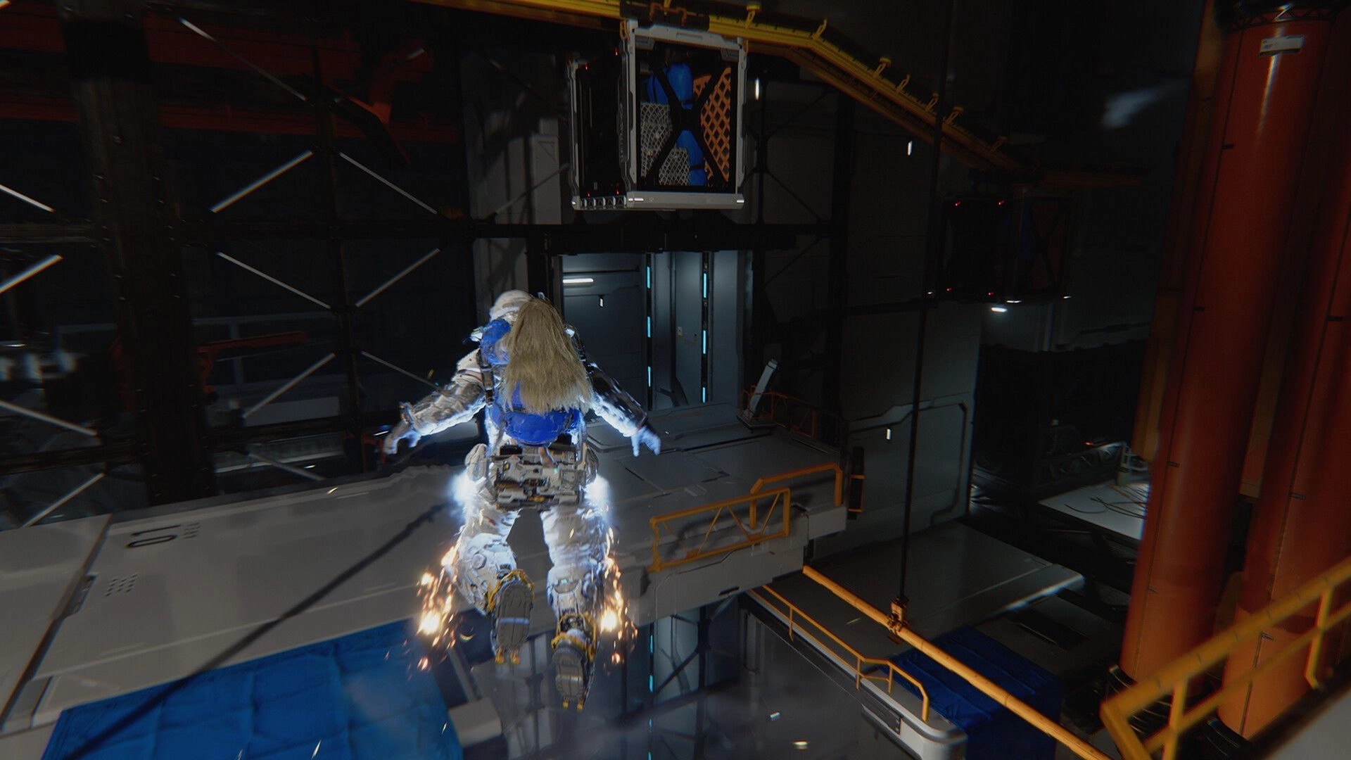 PRAGMATA: Hugh in spacesuit using jetpack on lunar station platform with industrial pipes around