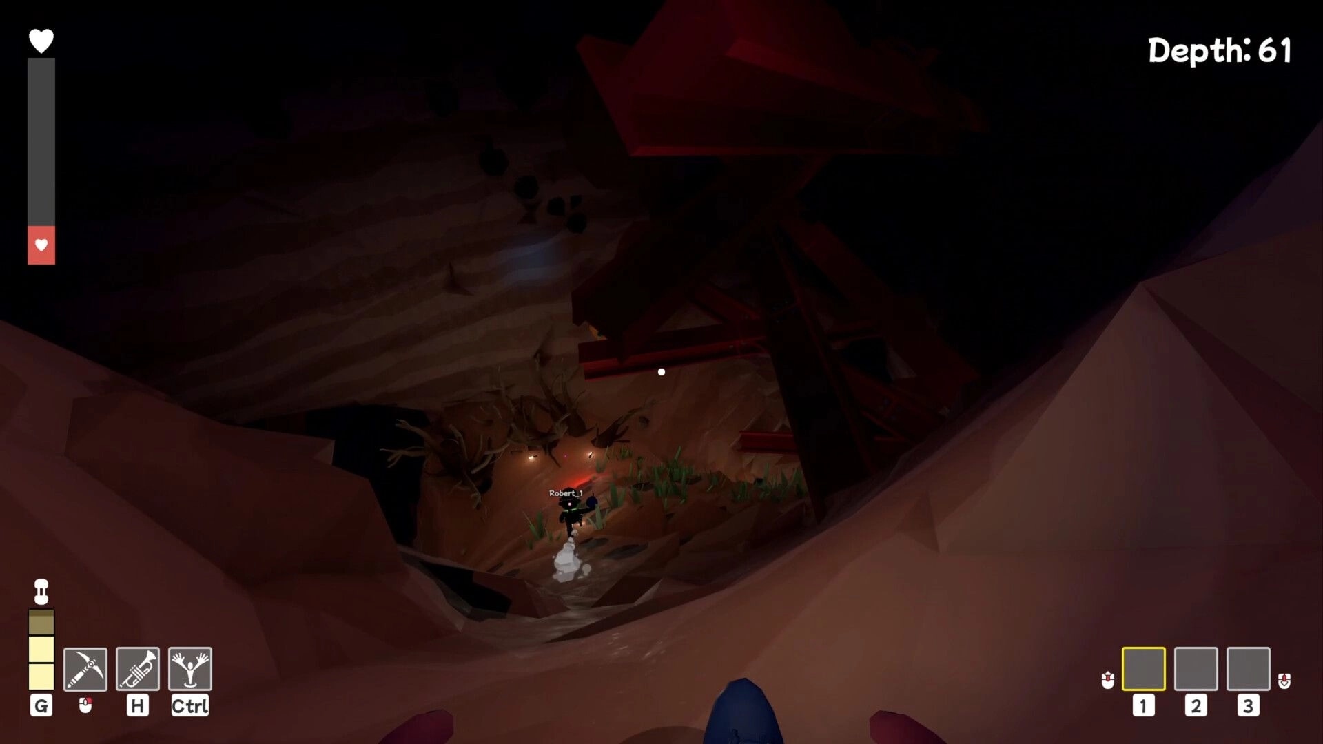Pratfall: Character descending into a dim cave with HUD showing tools and health, depth at 61
