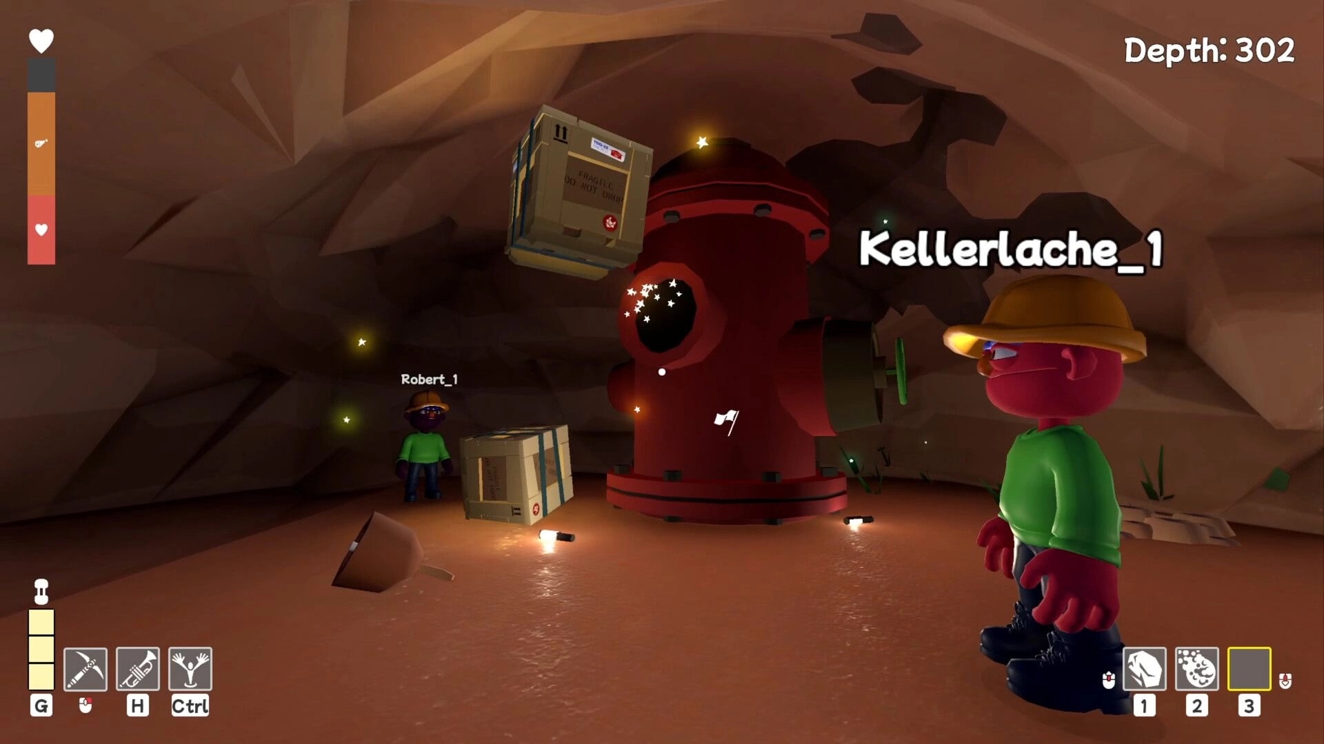 Pratfall: Players Robert_1 and Kellerlache_1 dig deeper into a cave with visible depth and UI elements.