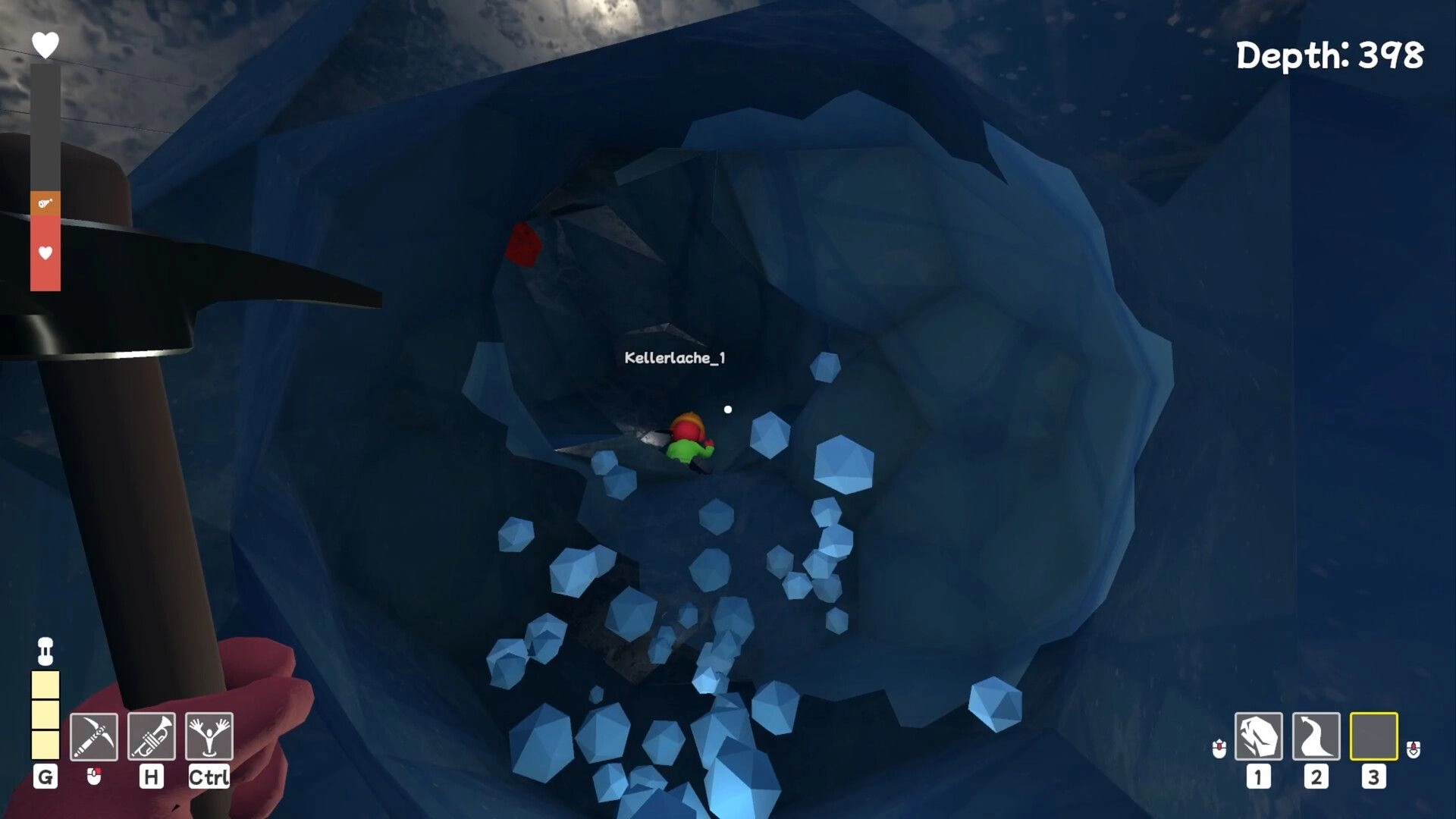 Pratfall: Player Robert_1 descends a red-lit cave with UI showing health and inventory tools