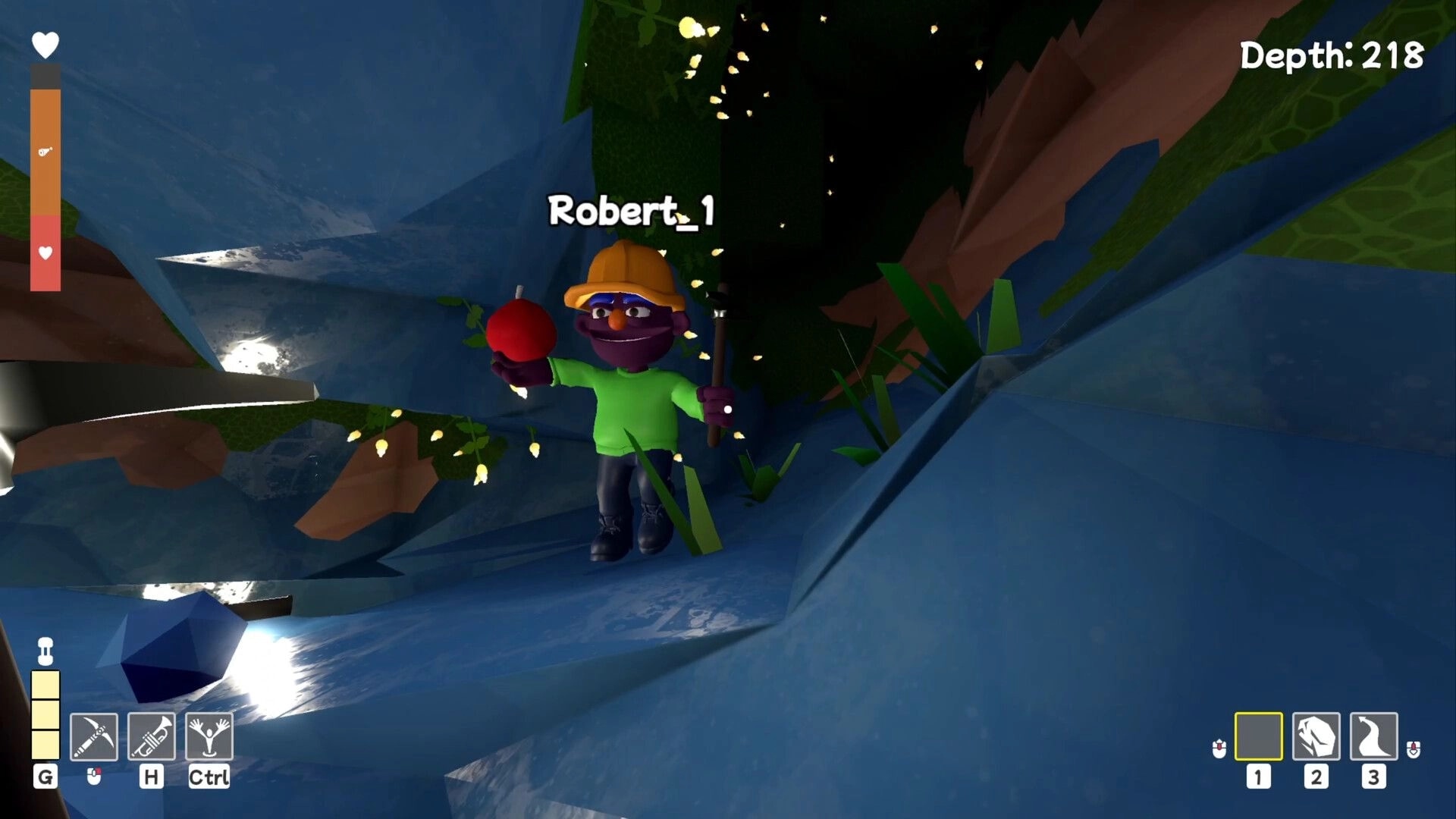Pratfall: Character Robert_1 holds an explosive in a cave with depth displayed; health bar visible.