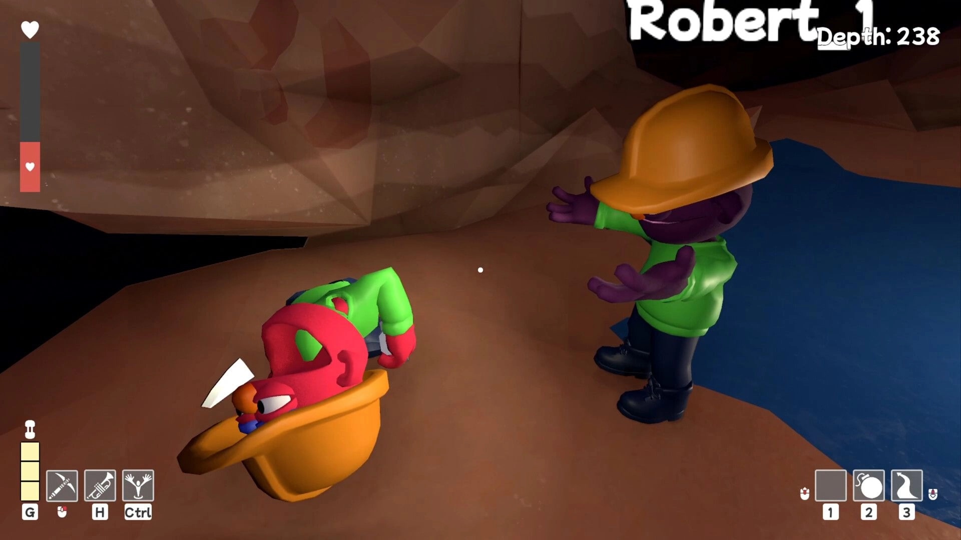 Pratfall: Player in hard hat gesturing near fallen friend in colorful cave with health and tool icons visible