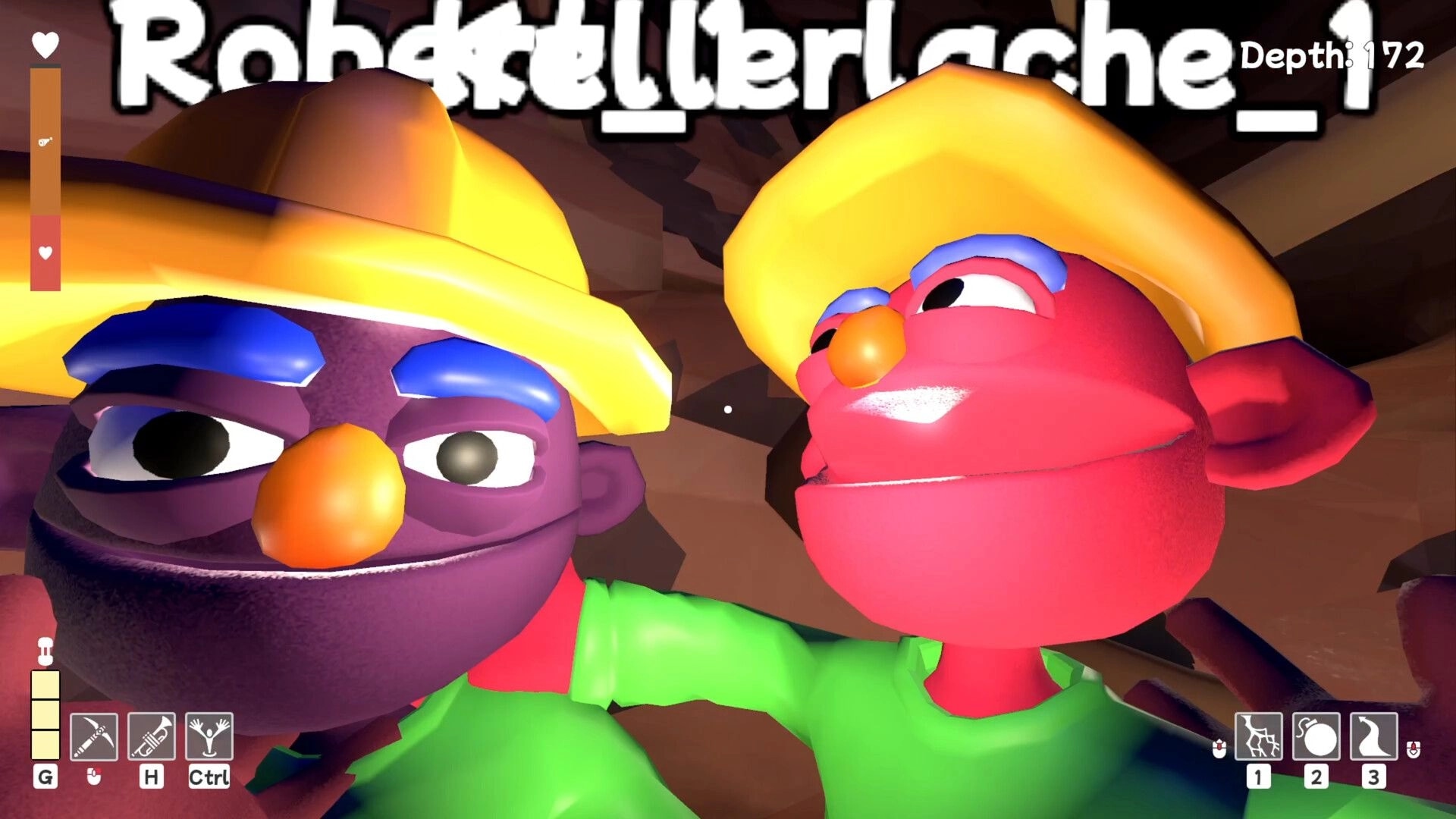 Pratfall: Two colorful characters in yellow hard hats and green shirts exploring a cave at depth 172.