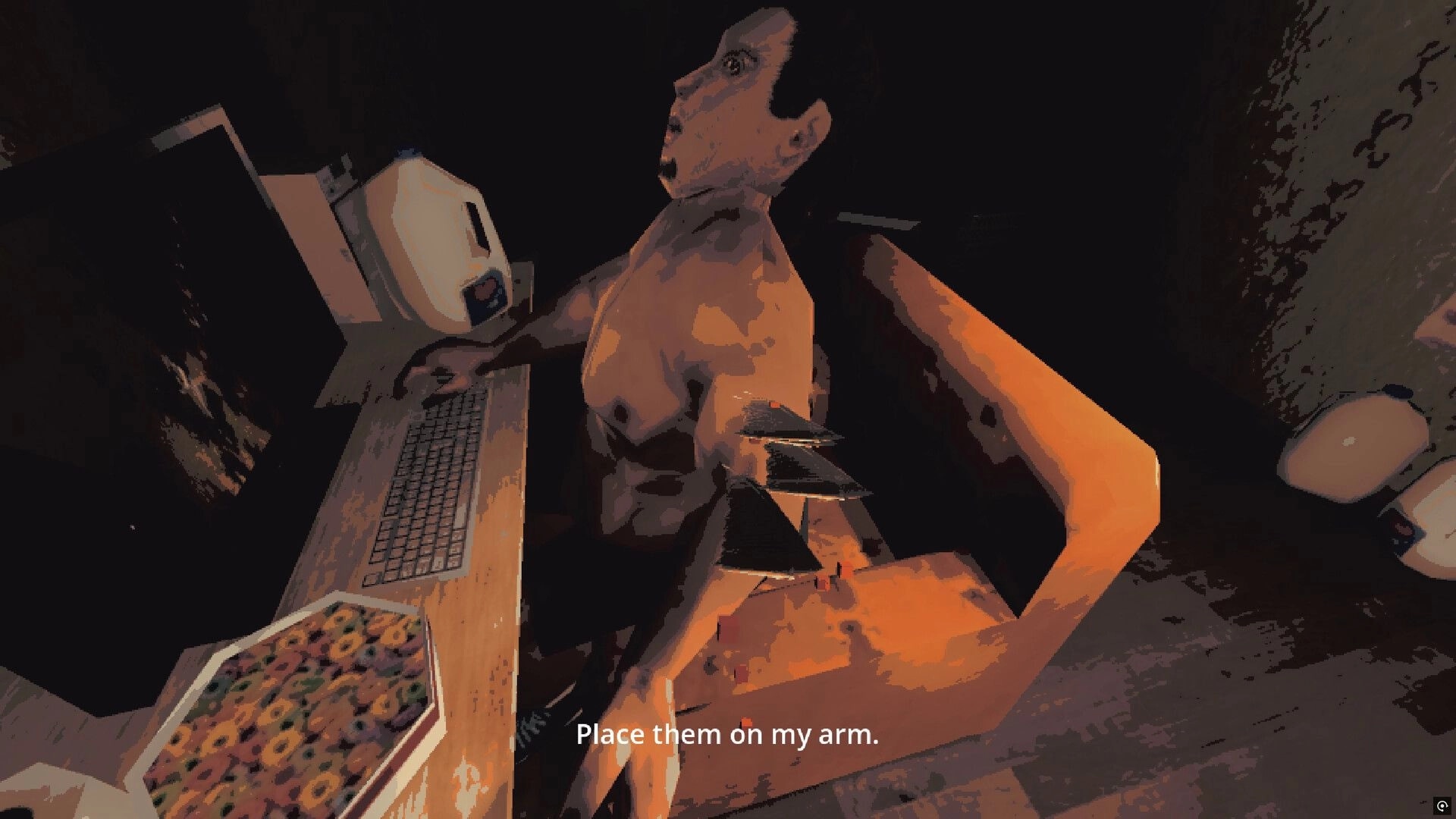 Precious Feather: First-person view holding feathers toward a shirtless man in a dark room with subtitles.