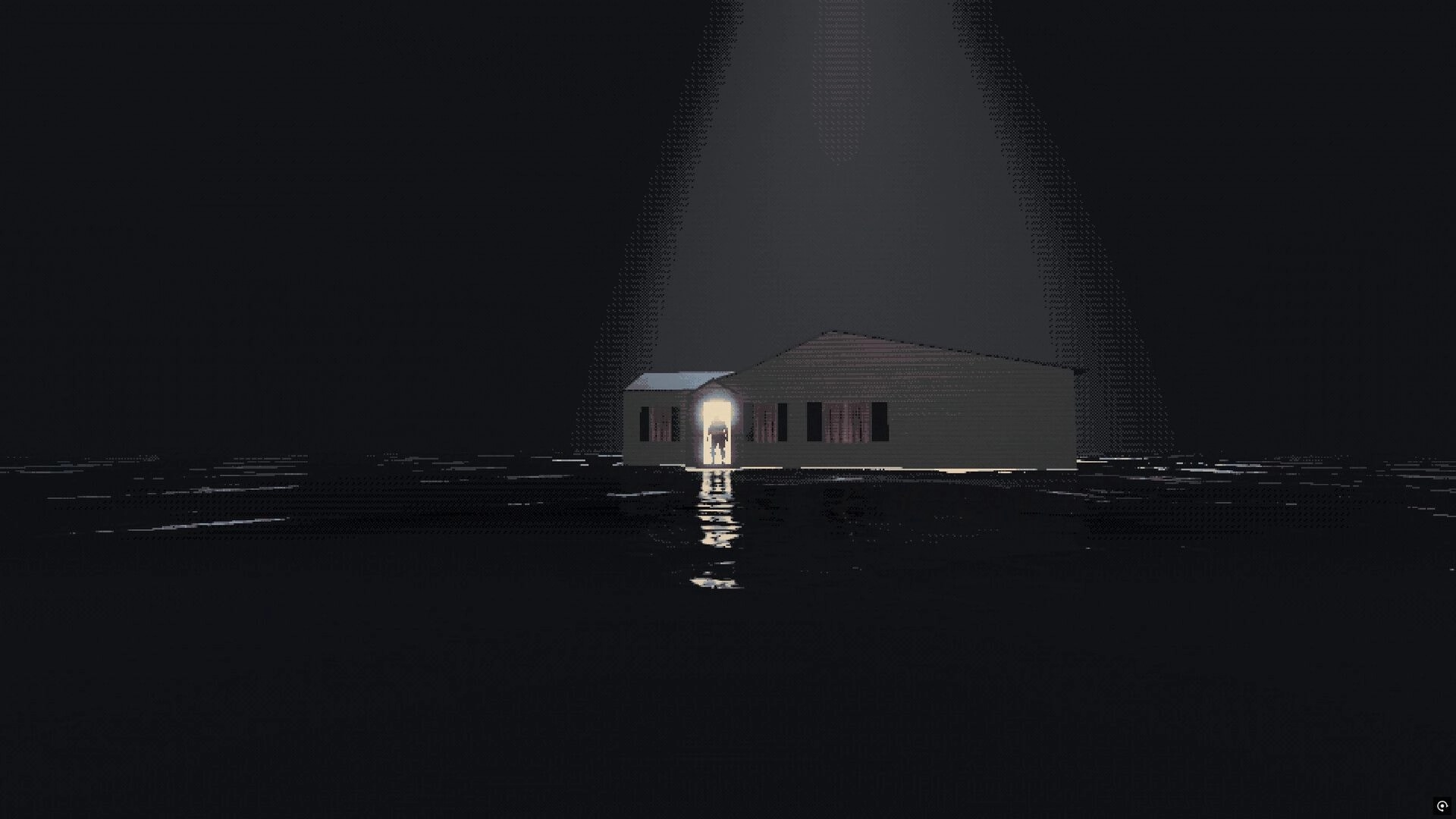 Precious Feather: Lone figure stands in a lit doorway of a house, reflected on dark water at night.