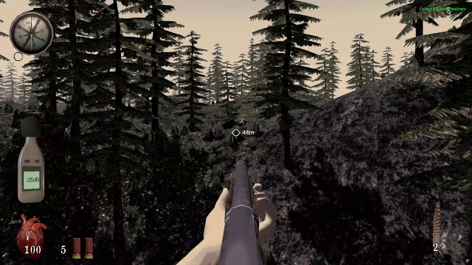 Precious Feather: First-person rifle aiming at rocky pine forest hillside with compass and feather quest UI.