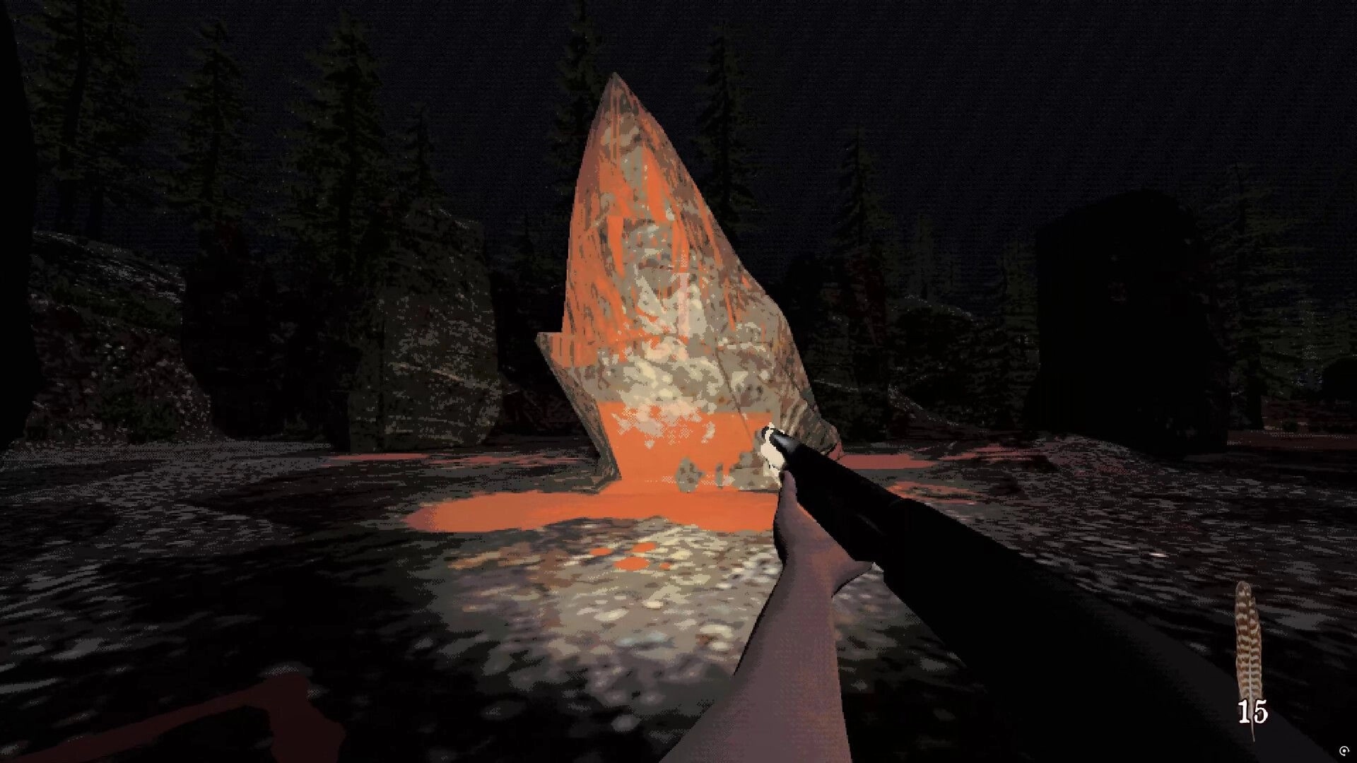 Precious Feather: First-person view aiming a shotgun at a glowing crystal in a dark forest clearing.