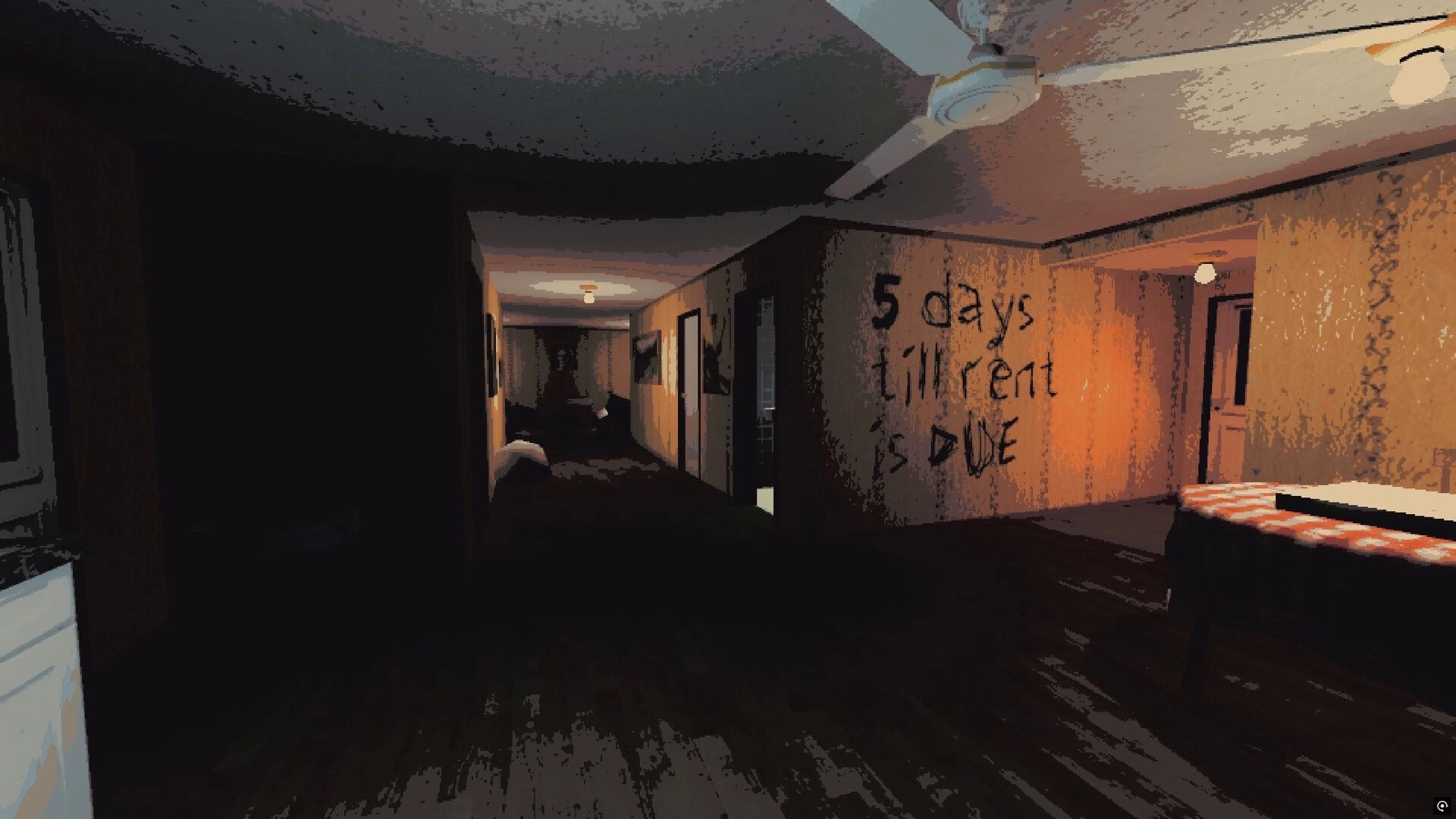 Precious Feather: First-person view down dim hallway, graffiti warns "5 days till rent is due".