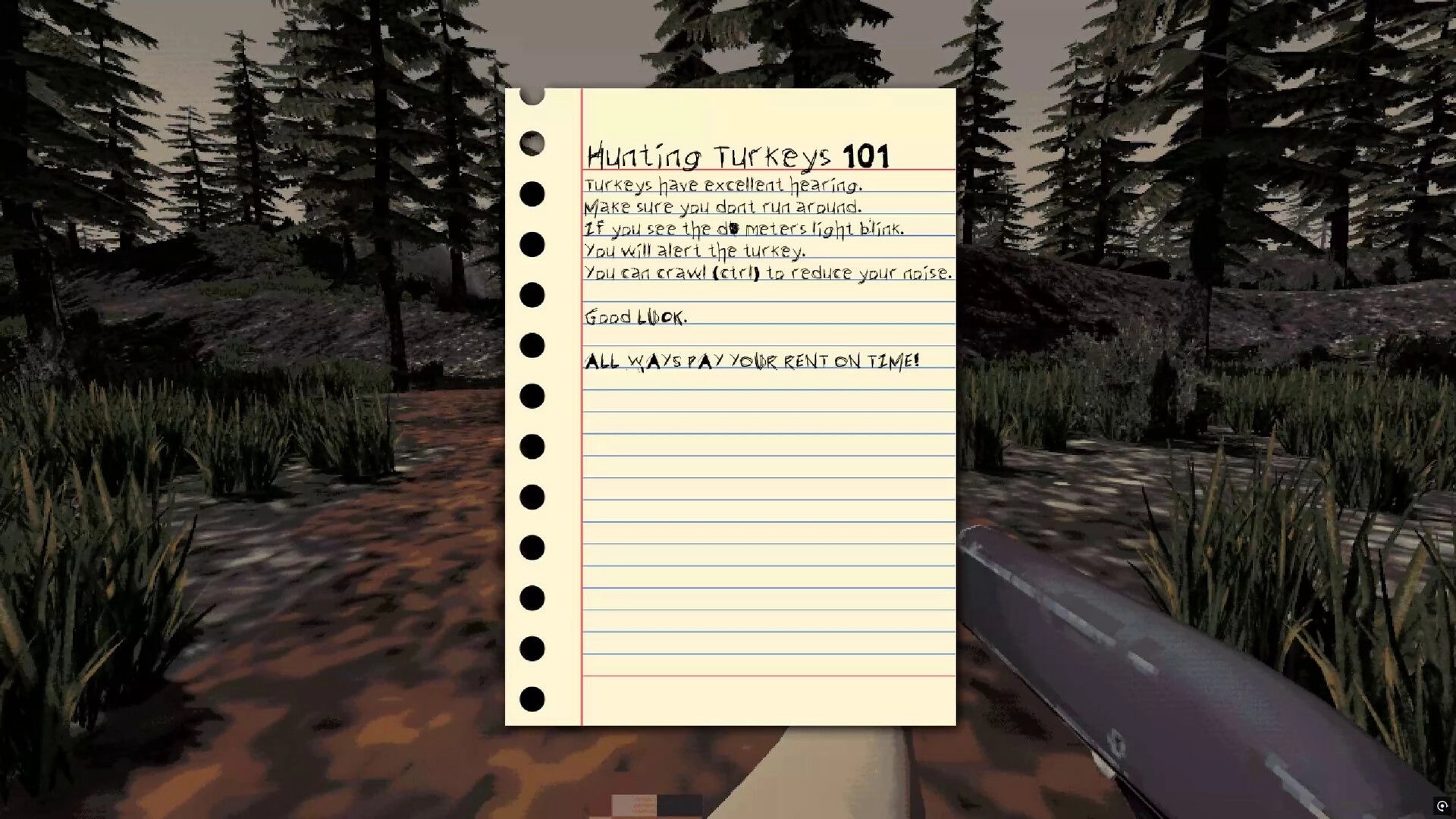 Precious Feather: Tutorial note on hunting turkeys over first-person forest path with shotgun visible.