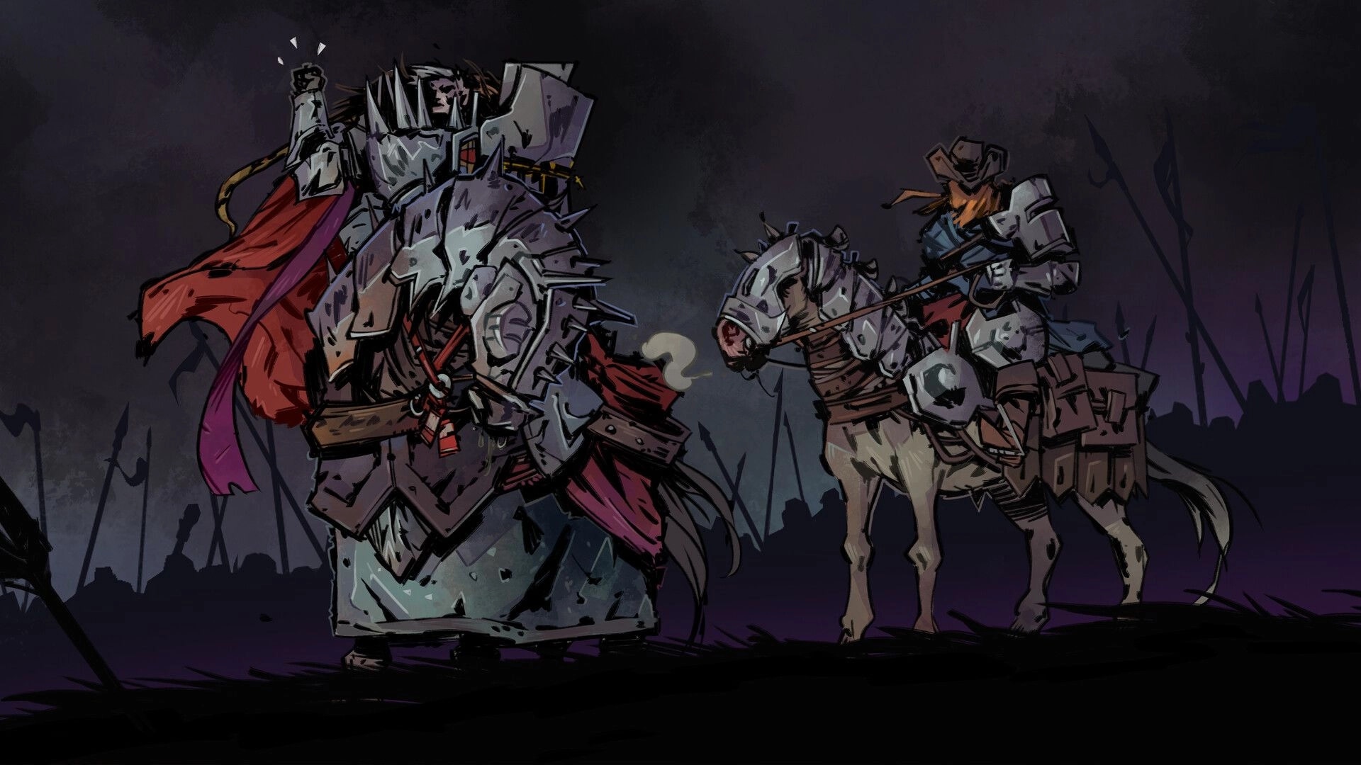 Prelude Dark Pain: Armored knight with red cape and mounted lancer in a smoky battlefield backdrop.