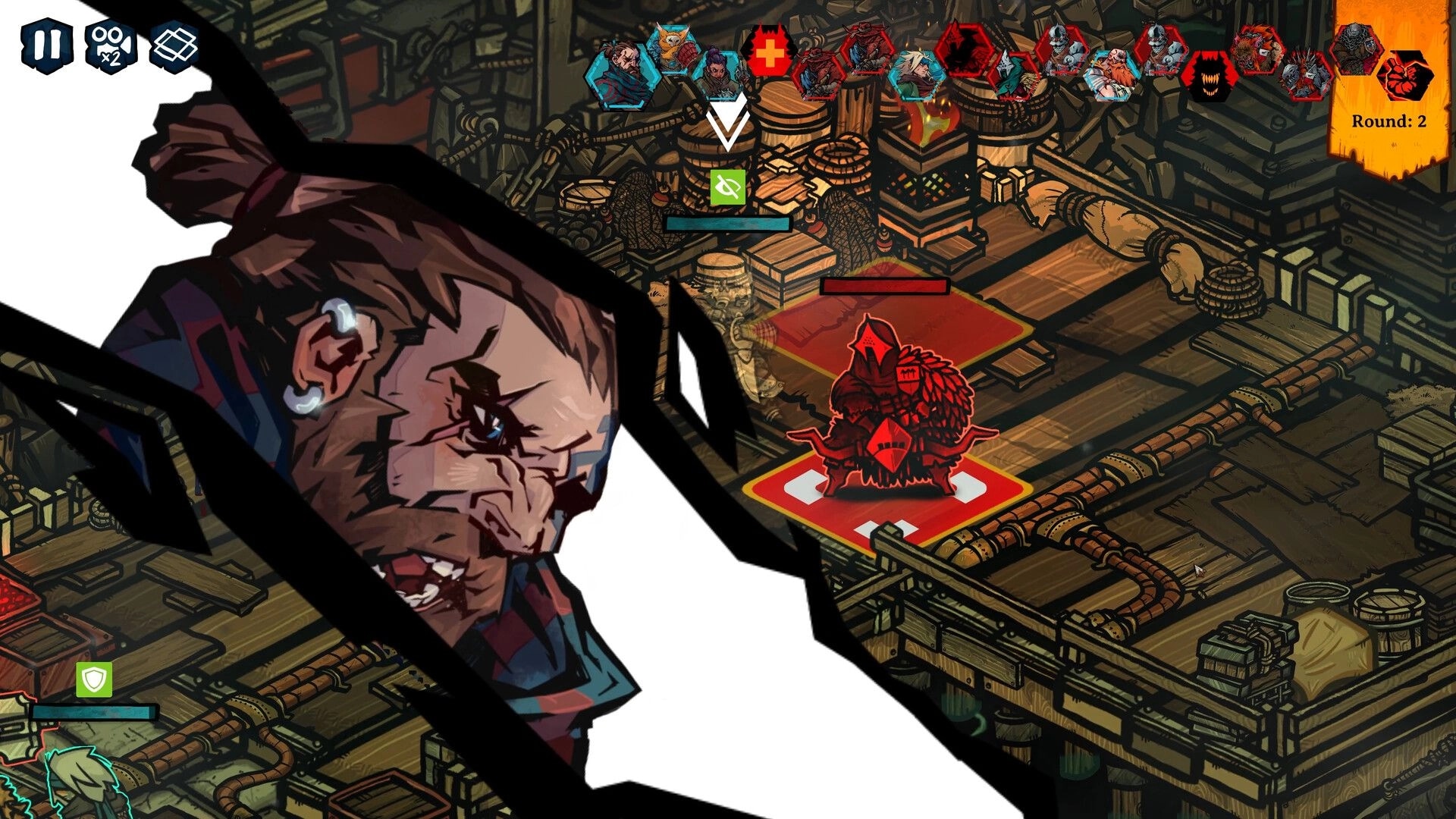 Prelude Dark Pain: Turn-based battle UI with large hero portrait and enemy on red tile in forge room.