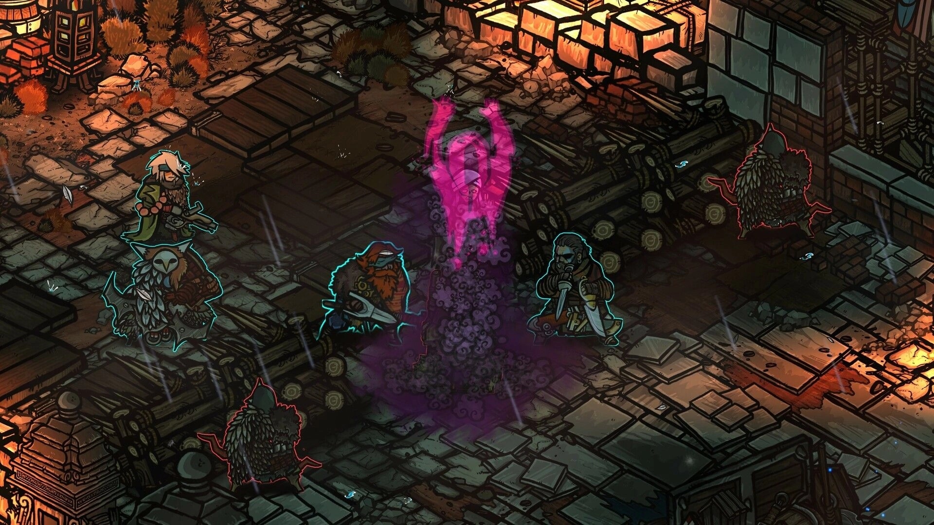 Prelude Dark Pain: Party surrounds a purple summoning sigil in rainy cobblestone yard by log piles.
