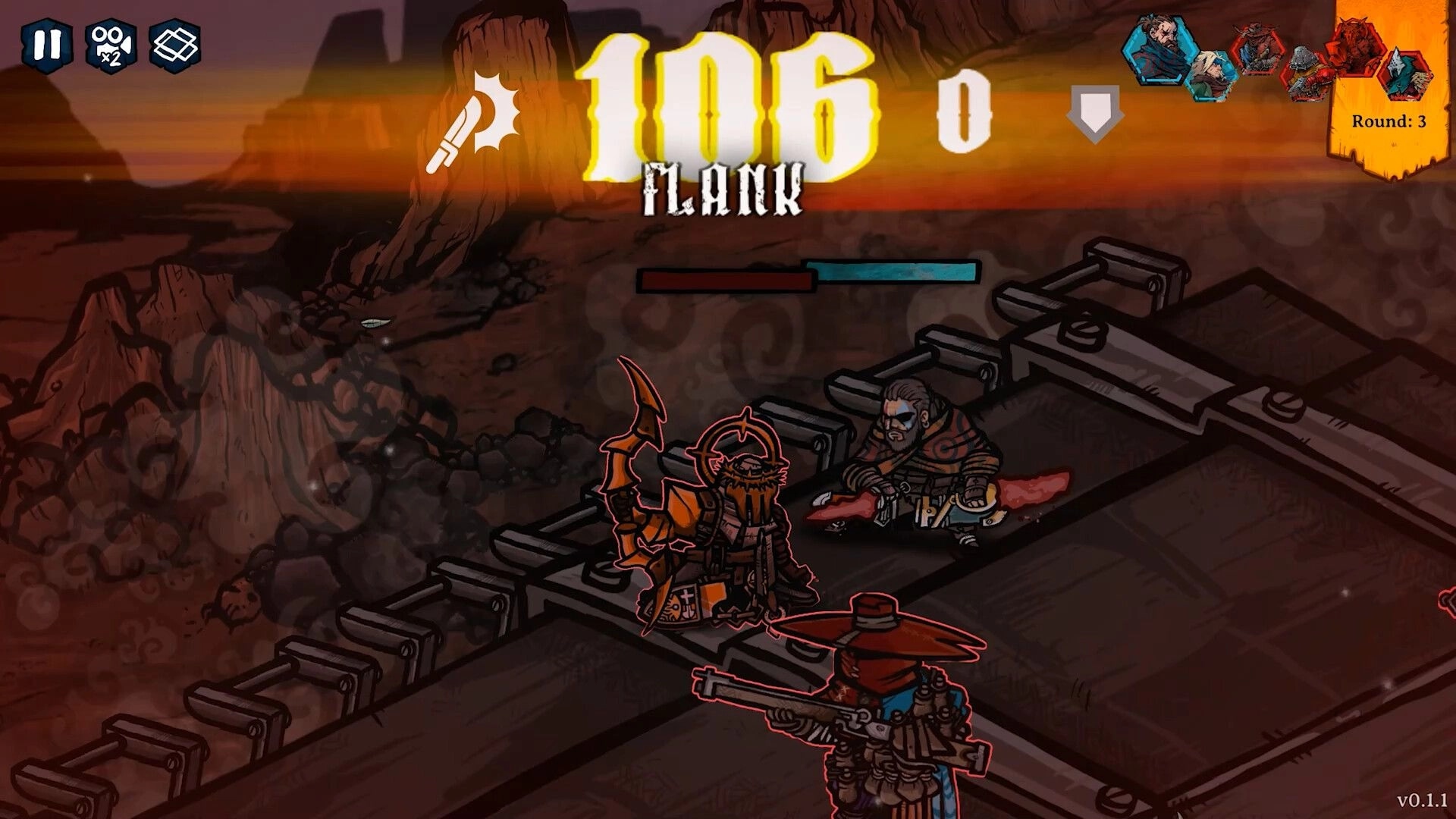 Prelude Dark Pain: 106 flank damage pop-up over turn combat on a metal bridge in a canyon, Round 3 UI.
