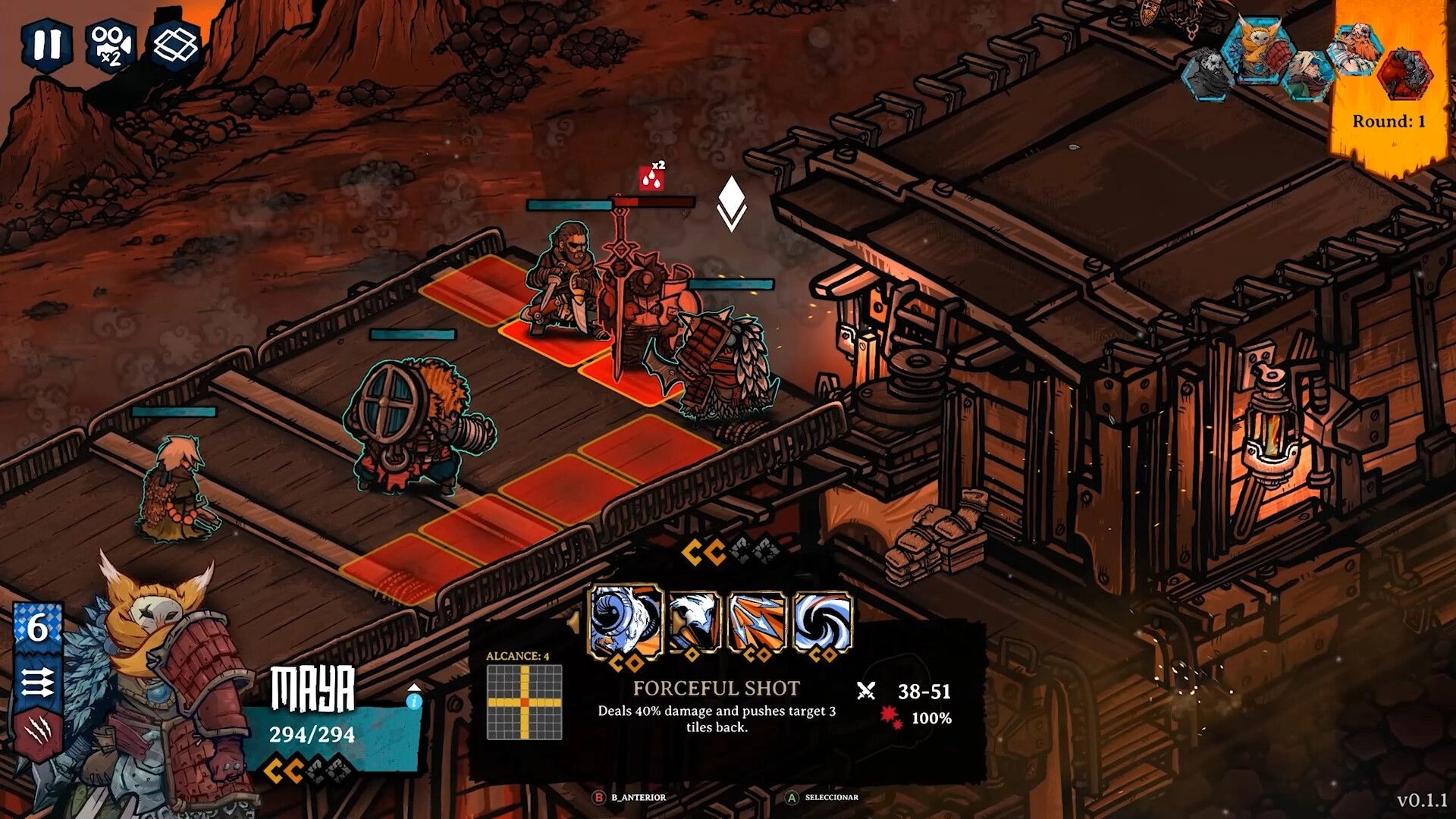 Prelude Dark Pain: Maya uses Forceful Shot on a bridge by a lit wooden building, Round 1 UI.