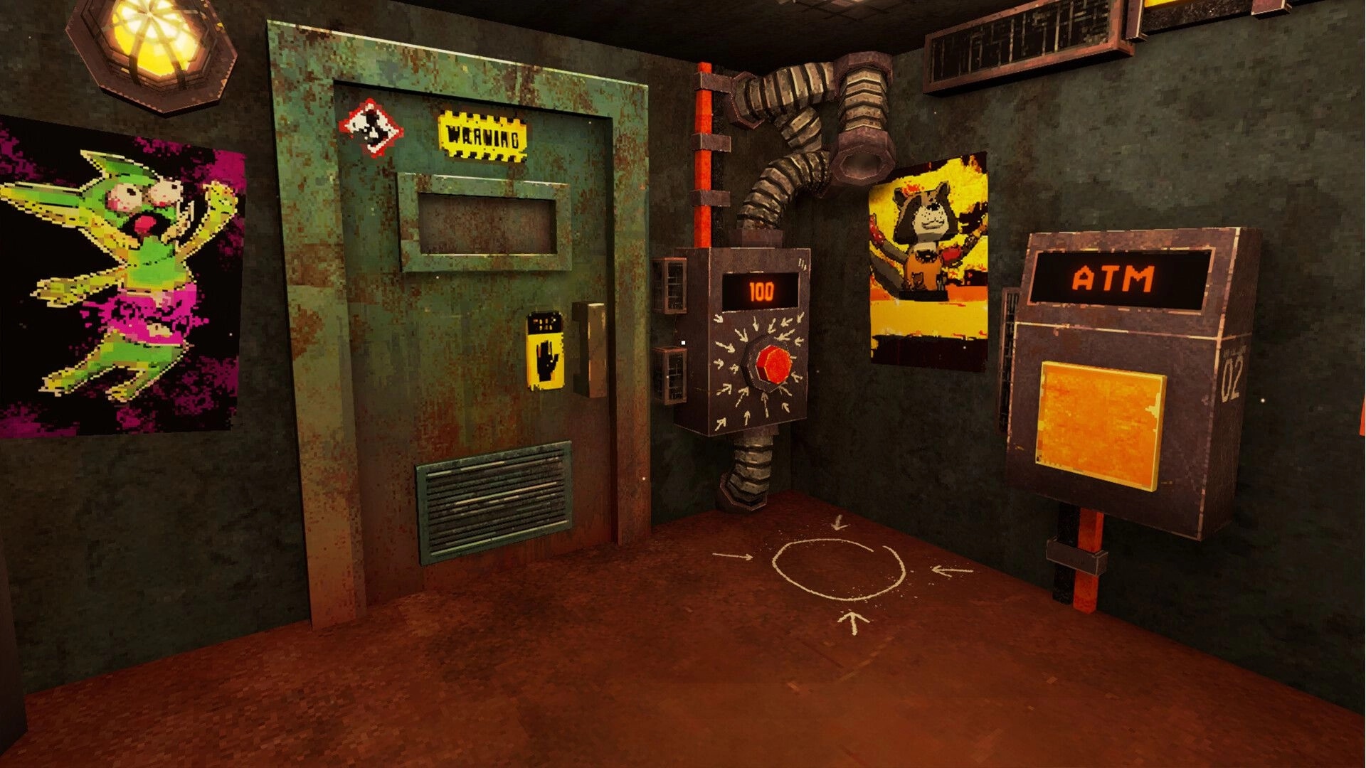 PRESS: Rusty warning door beside red button panel and ATM terminal in a grimy factory room.