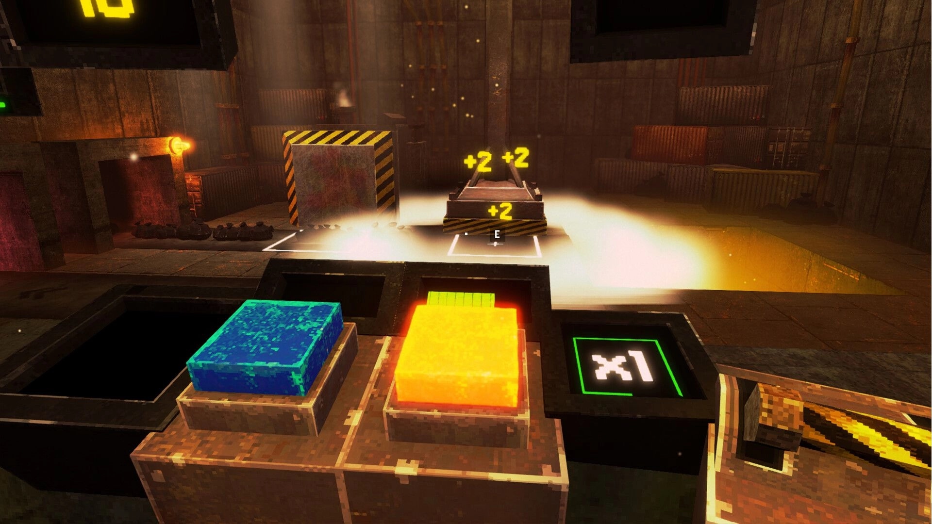 PRESS: Sorting colored trash blocks on conveyor bins with x1 counter in a smoky factory pit area.