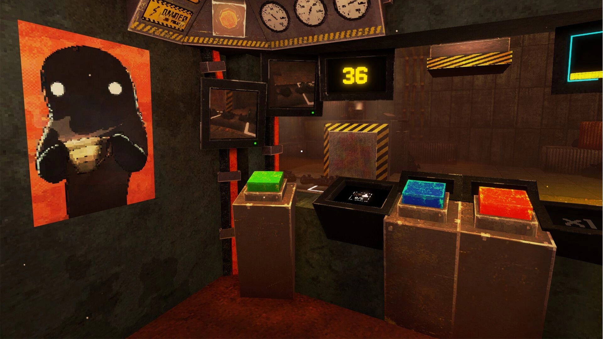 PRESS: Sorting station with colored blocks, CCTV monitors and timer display inside a grimy factory room.