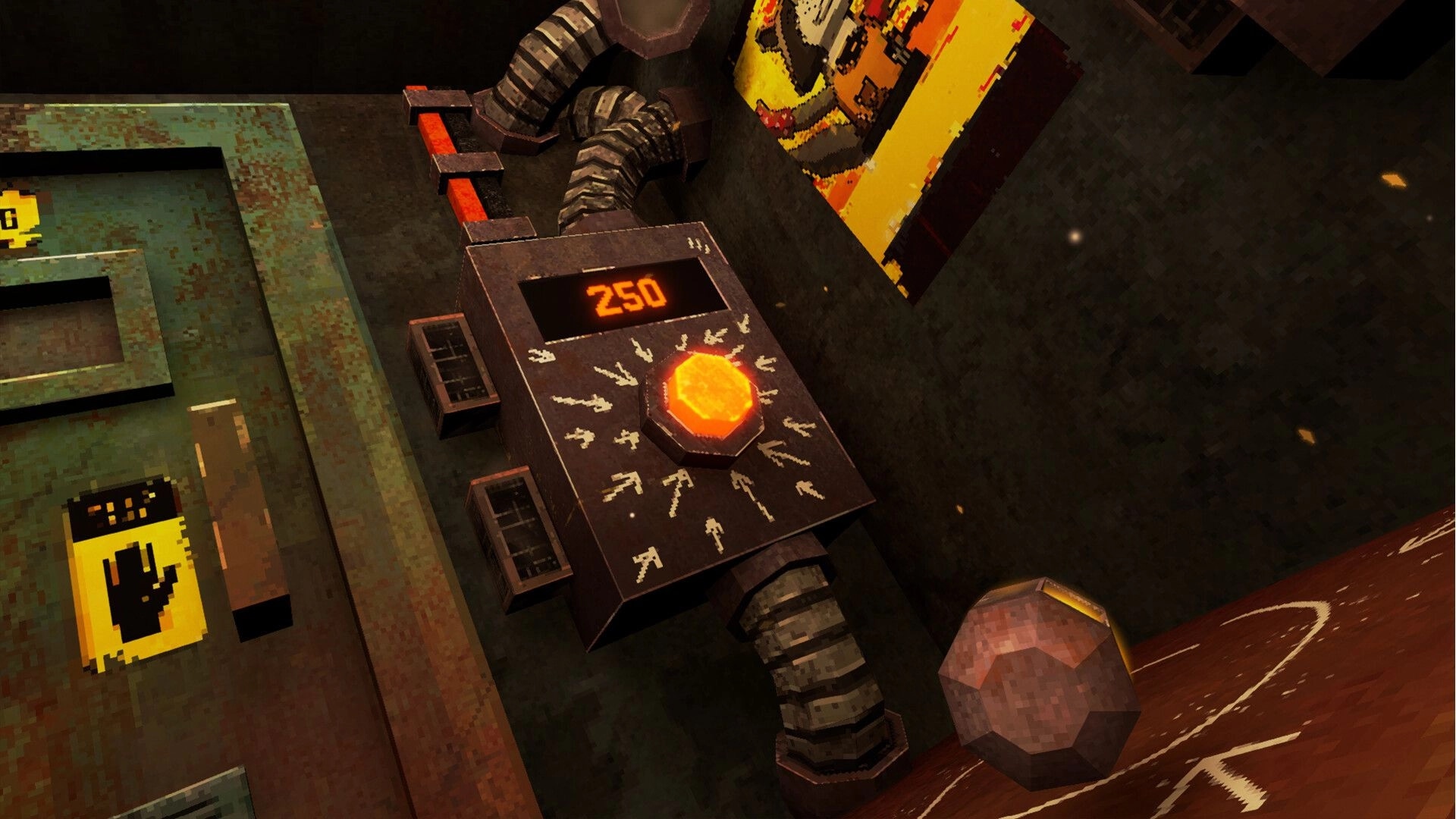 PRESS: Orange button control panel with “250” display beside pipes in grimy factory room.