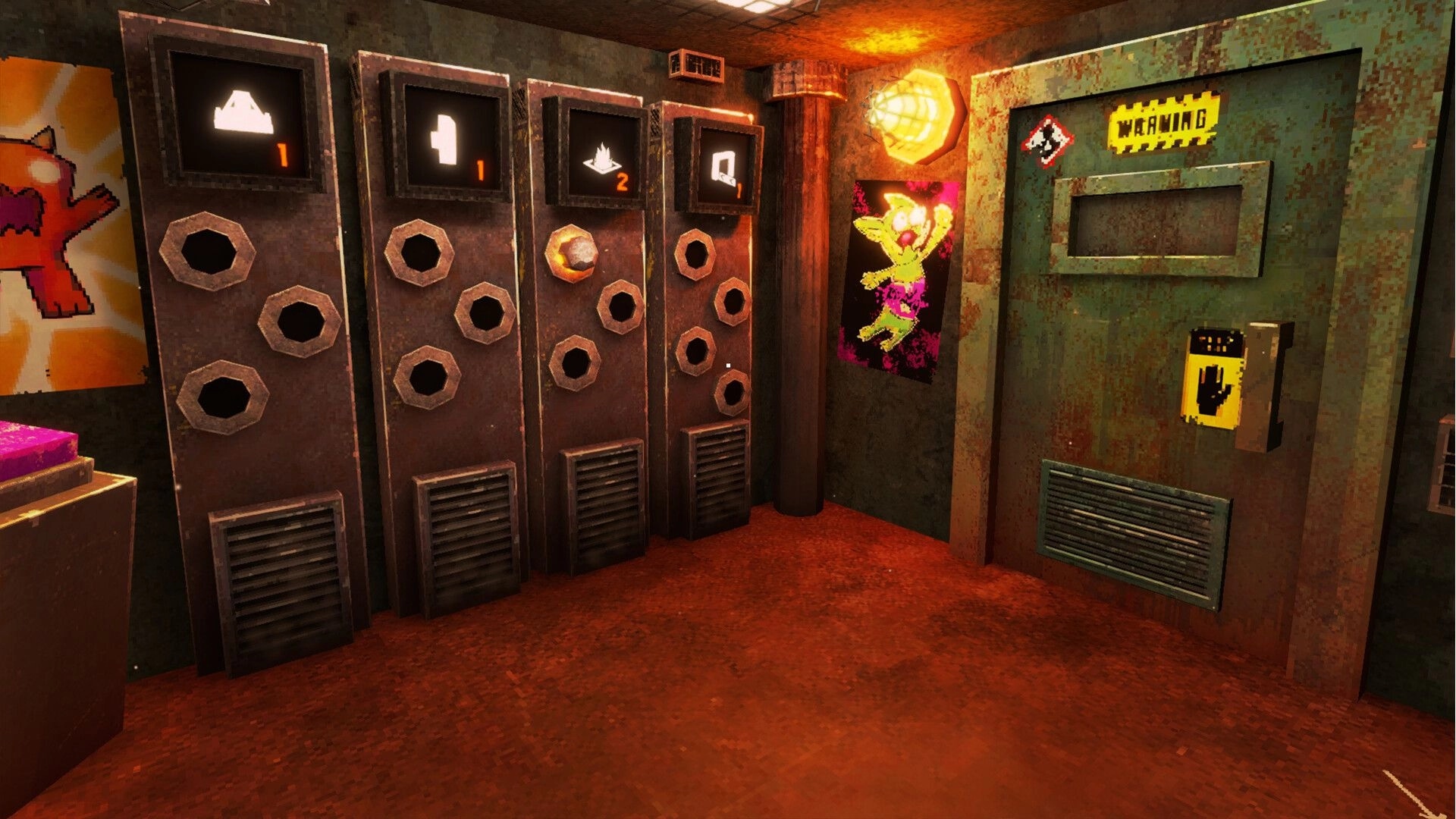 PRESS: Four industrial sorting lockers with icon displays beside a rusty warning door in a dim room.