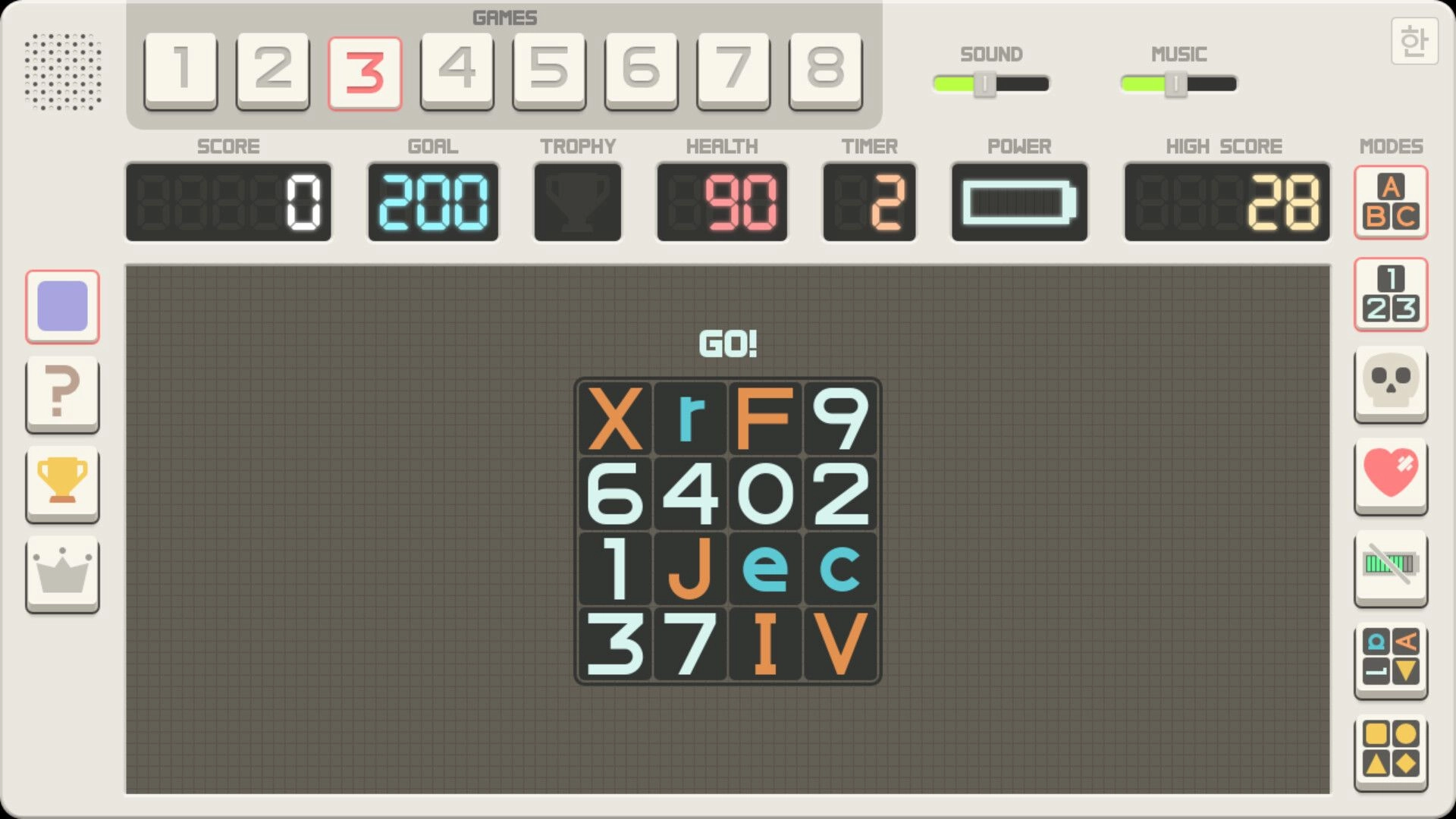 Press&Release: Typing grid with letters and numbers, goal 200, health 90, timer 2 in arcade game.