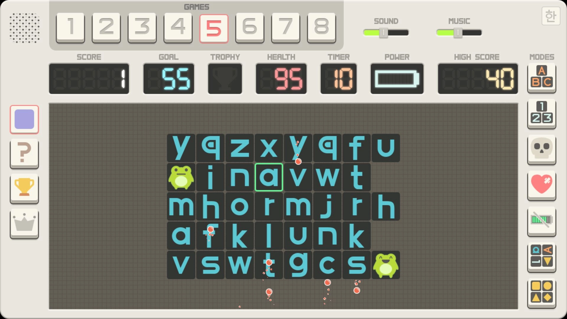 Press&Release: Typing grid with letters, health bar, score, and frog icons in puzzle interface