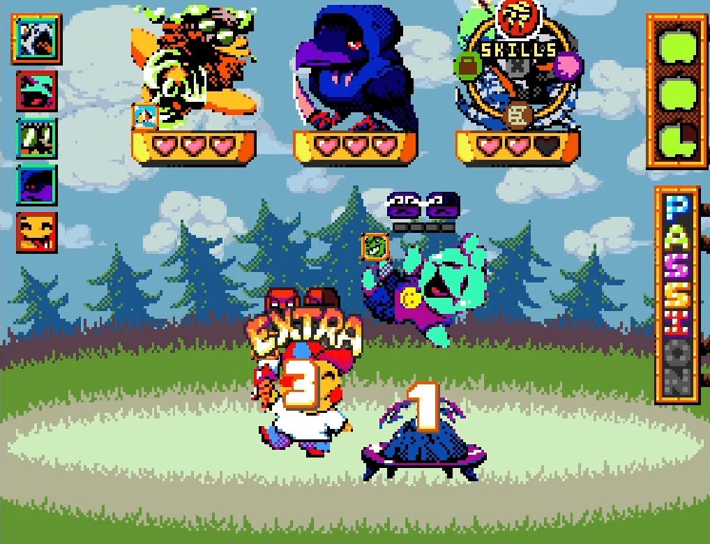 Price of Flight: Avian characters in combat with skills menu and health bars in forest clearing.