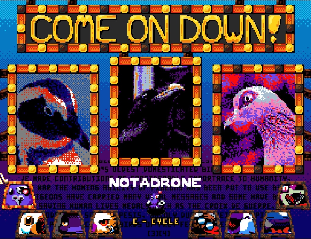 Price of Flight: Three bird portraits with "Come On Down!" sign in a colorful game show setting