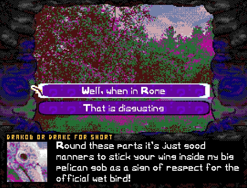 Price of Flight: Dialogue choice with Drakob in a pixelated forest environment