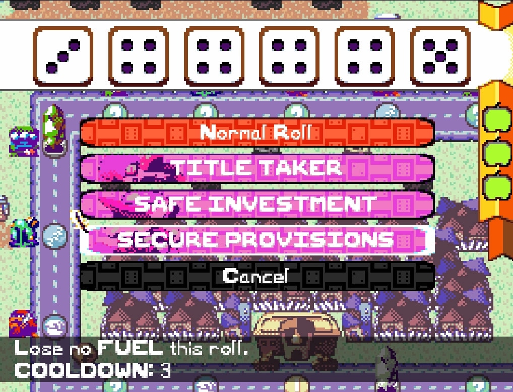 Price of Flight: Player selects action options on board with dice rolls in colorful, pixelated landscape.