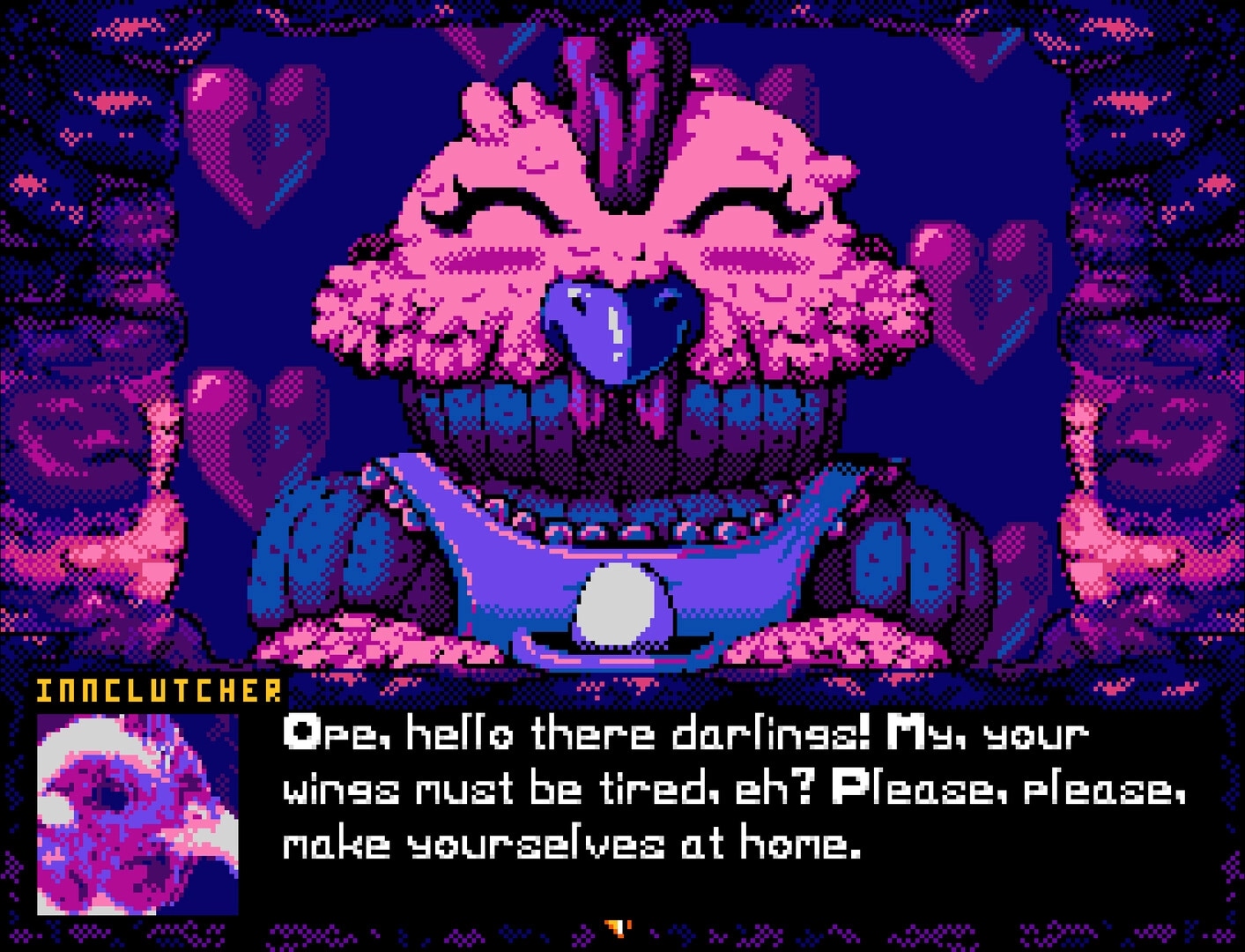 Price of Flight: Innclutcher greets player in heart-patterned room with welcoming dialogue box displayed