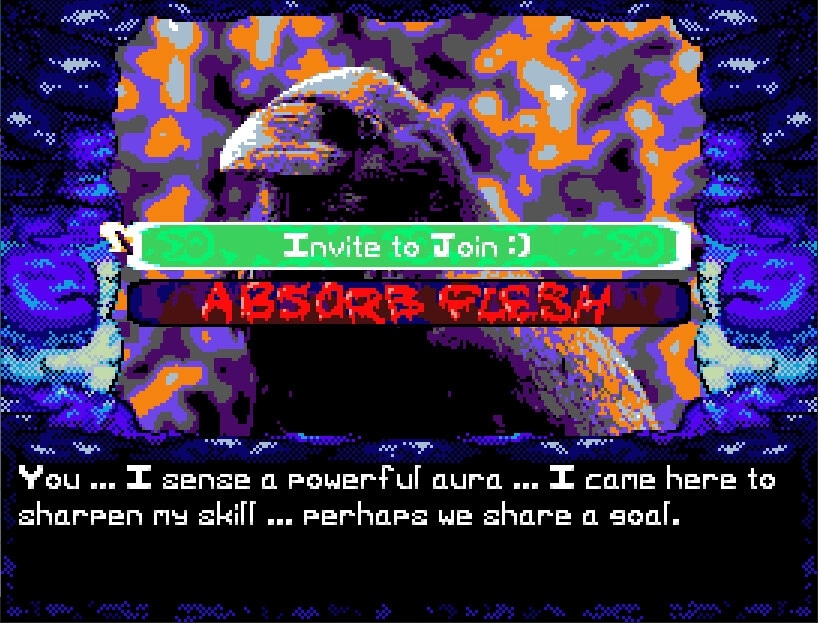 Price of Flight: Dialogue with options to invite or absorb character against a colorful, pixelated background.