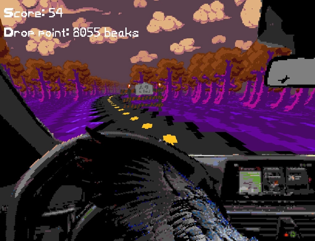 Price of Flight: Driving through pixelated forest road with score and drop point displayed on screen