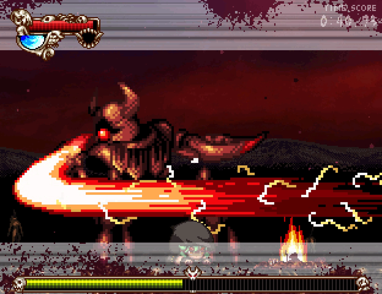 Primland The Magus -プリムランド　ザ　メイガス-: Player battles giant armored beast in fiery, desolate landscape.