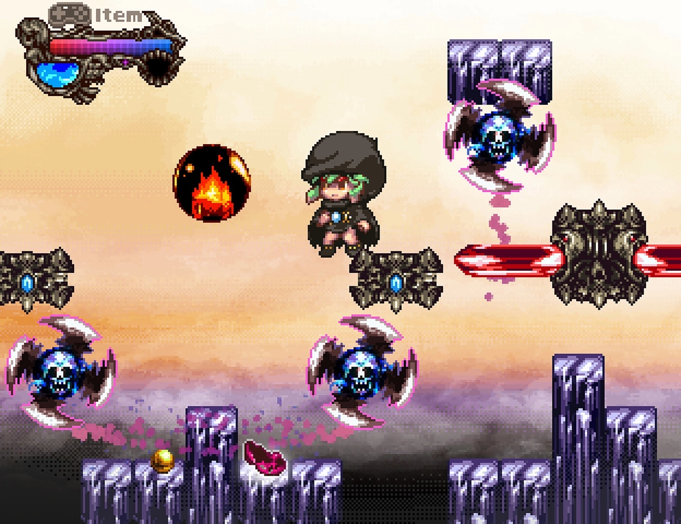 Primland The Magus -プリムランド　ザ　メイガス-: Character dodges spinning blades and fireball in rocky area