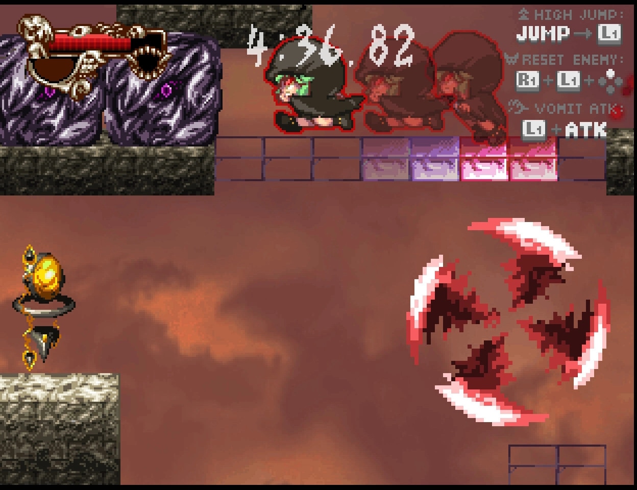 Primland The Magus -プリムランド　ザ　メイガス-: Character running past enemies with controls displayed on screen