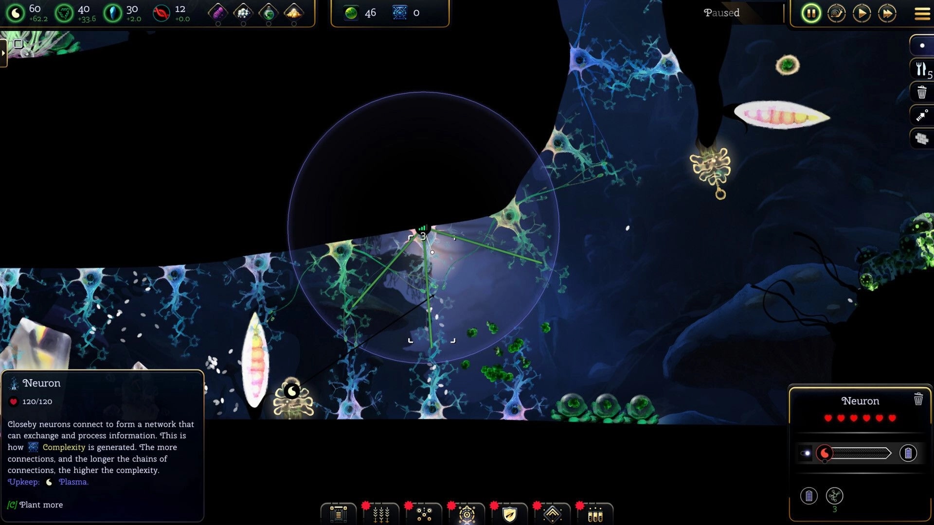 Primordial Empire: Neuron placement radius and network links over blue cell tunnels with paused UI bar.
