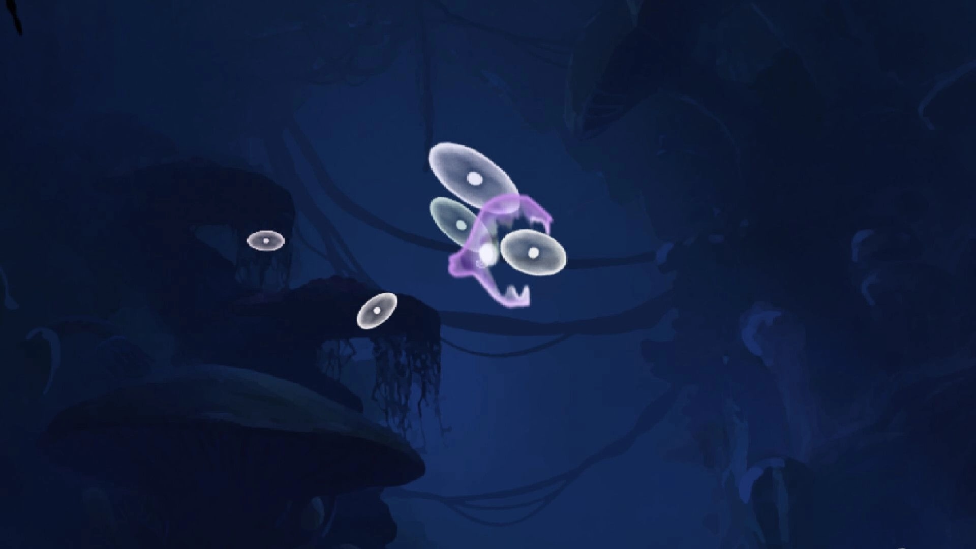 Primordial Empire: Cluster of glowing microbes drifting in dark blue underwater cavern background.
